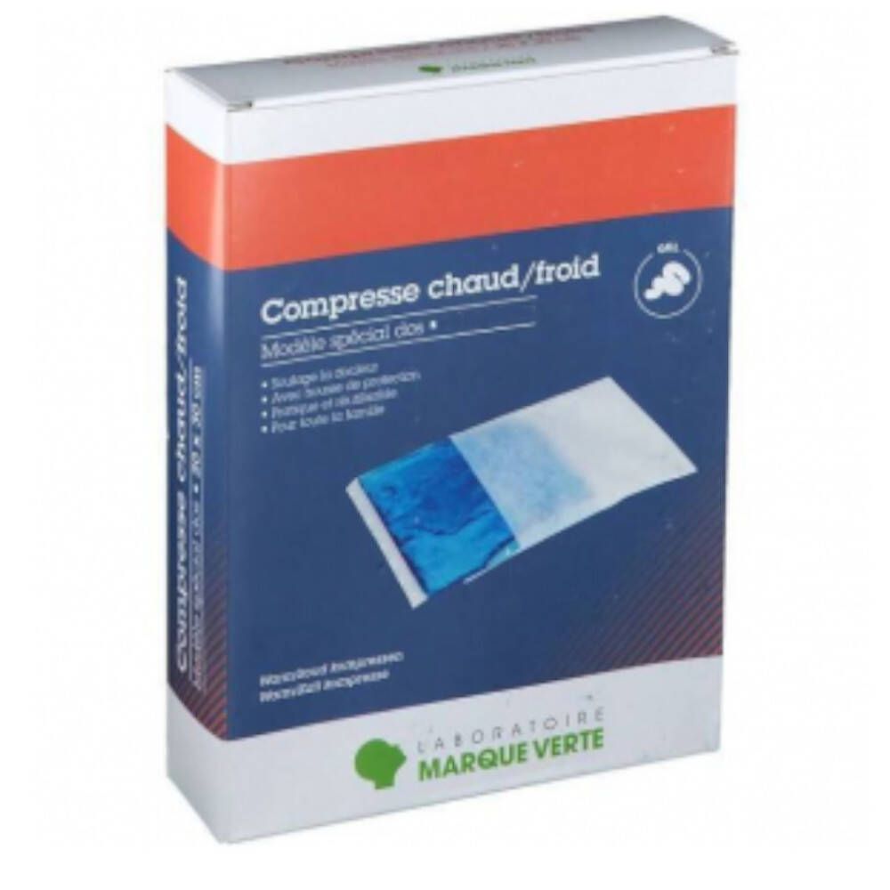 Verpakking met warm/koud kompres. Speciaal model voor de rug. Blauw-wit gel zichtbaar. Tekst: Laboratoire Marque Verte.