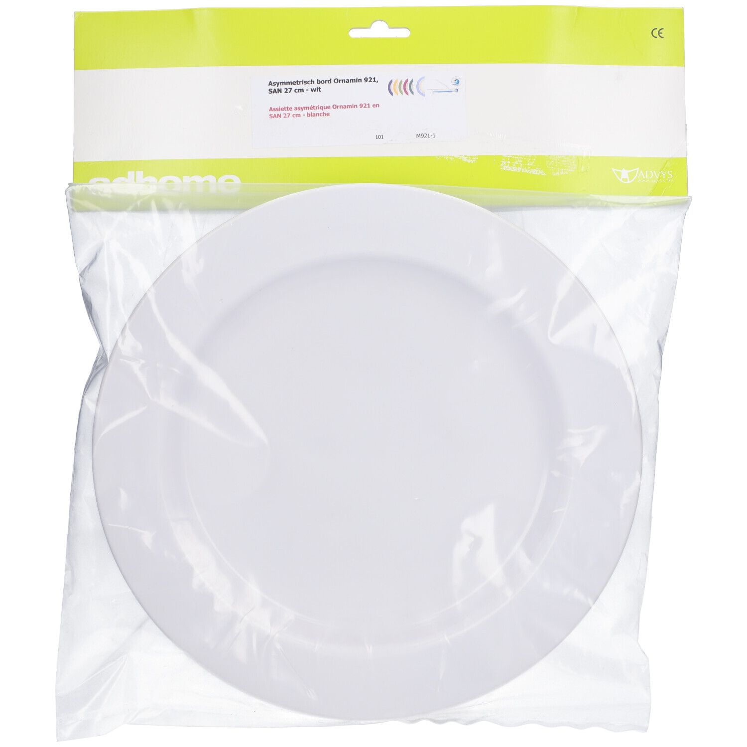 Witte bord in plastic verpakking. Bedrukking met productnaam en CE-markering. Merk: Adhome.