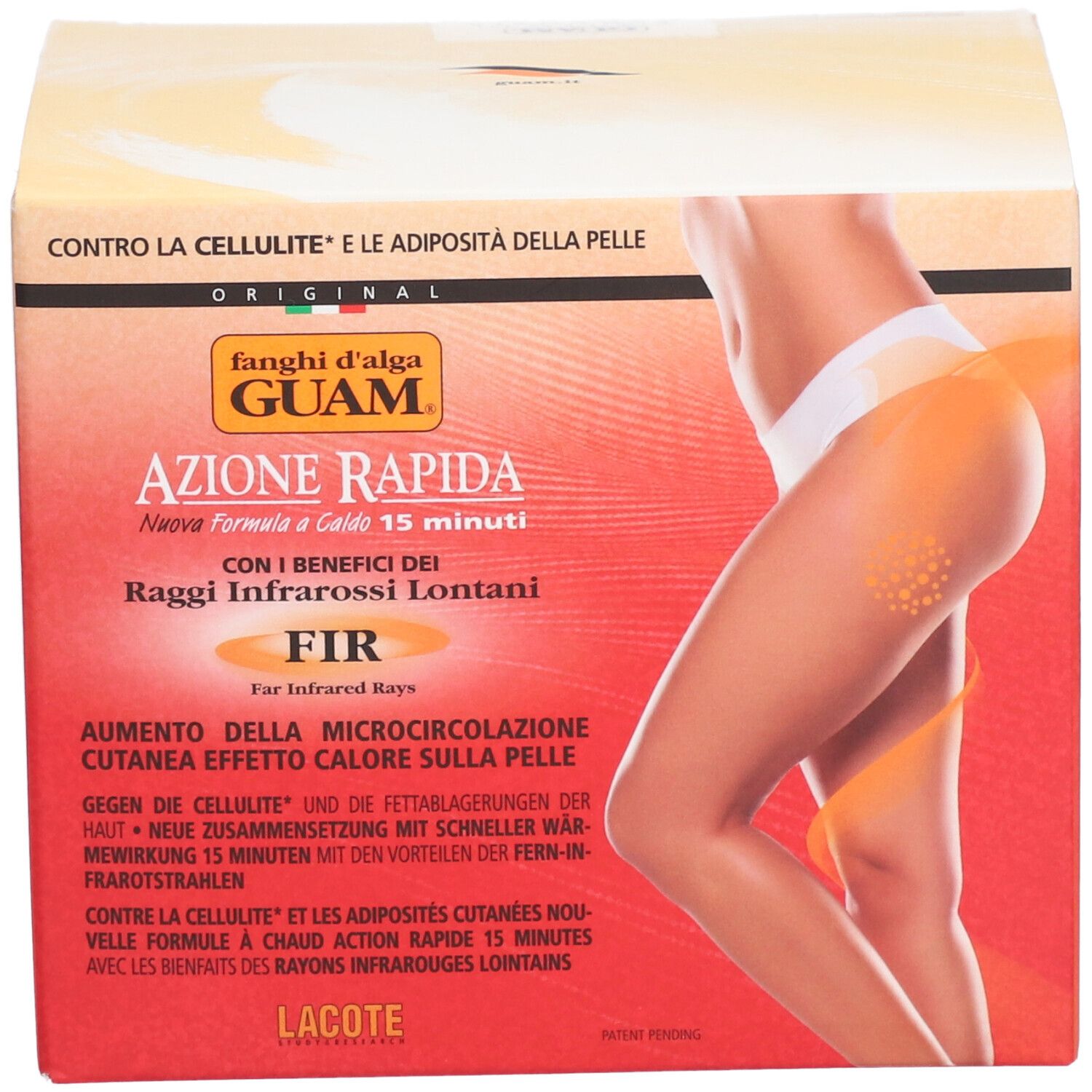 Doos GUAM Azione Rapida. Afbeelding van vrouw. Opschriften: FIR, Azione Rapida, tegen cellulitis.