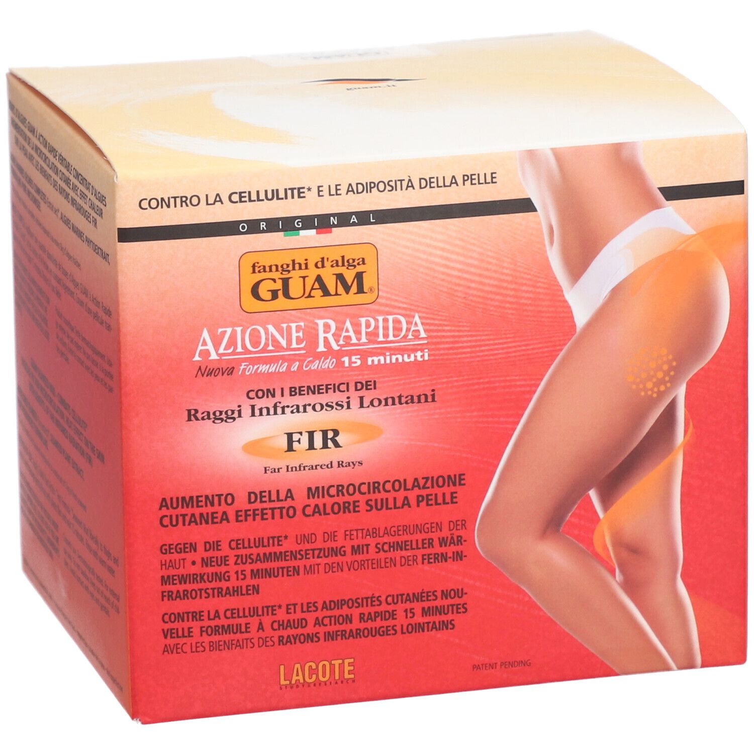 Doos GUAM Azione Rapida. Afbeelding van vrouw. Opschriften: FIR, Azione Rapida, tegen cellulitis.