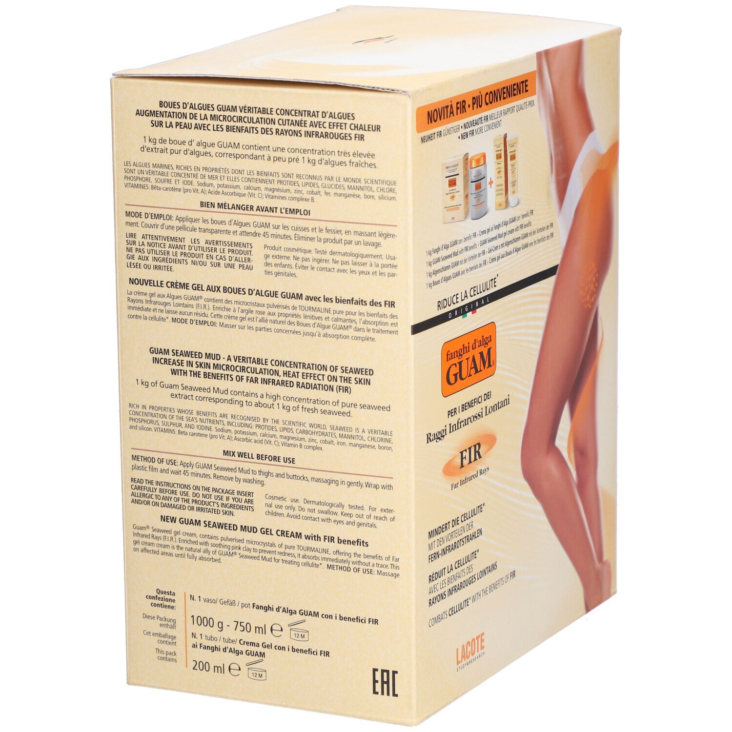 Emballage du produit avec texte. Inscription: Guam, Raggi Infrarossi Lontani, FIR. Contient des informations d'utilisation.