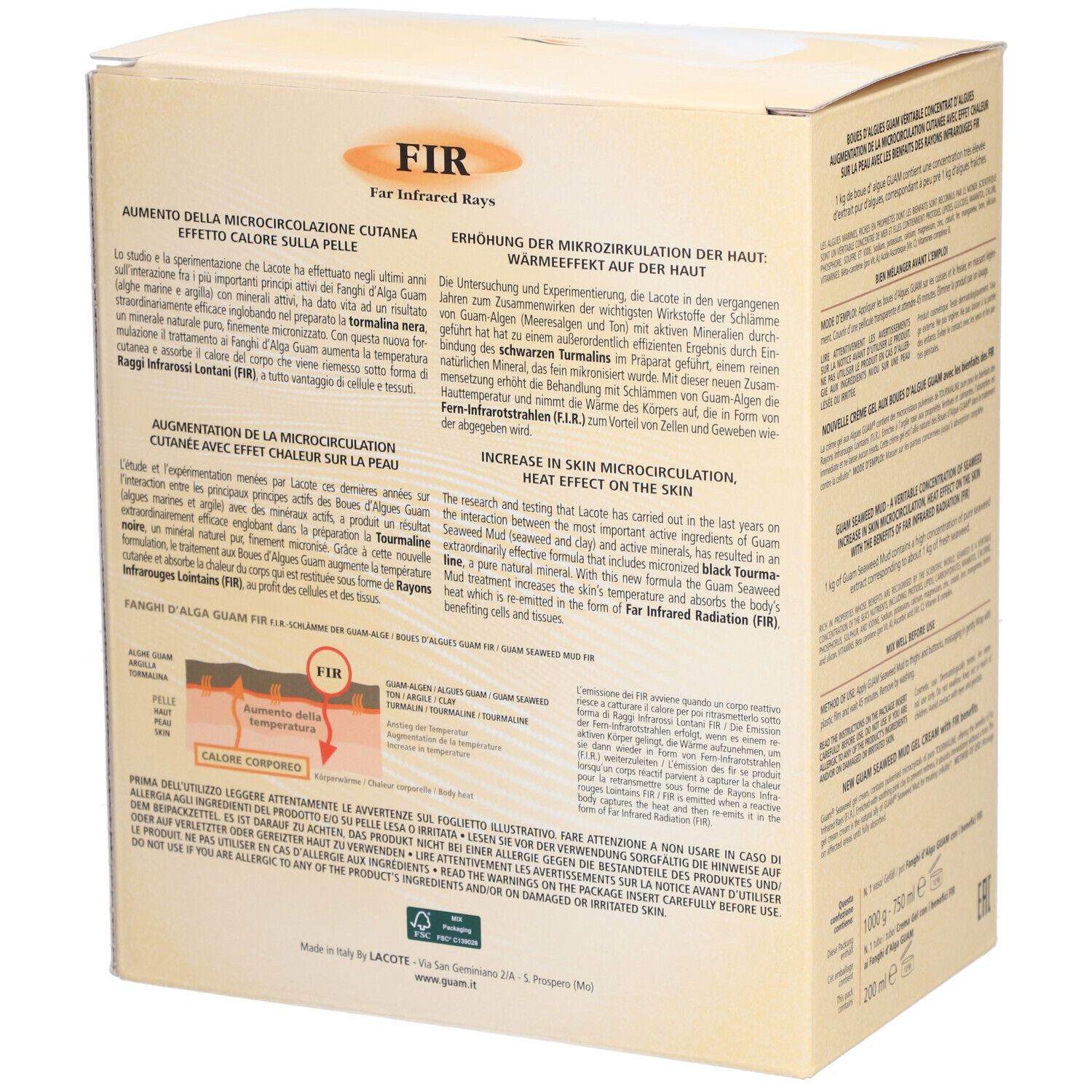 Emballage du produit avec texte. Inscription: FIR, Far Infrared Rays. Contient des informations d'utilisation et ingrédients.