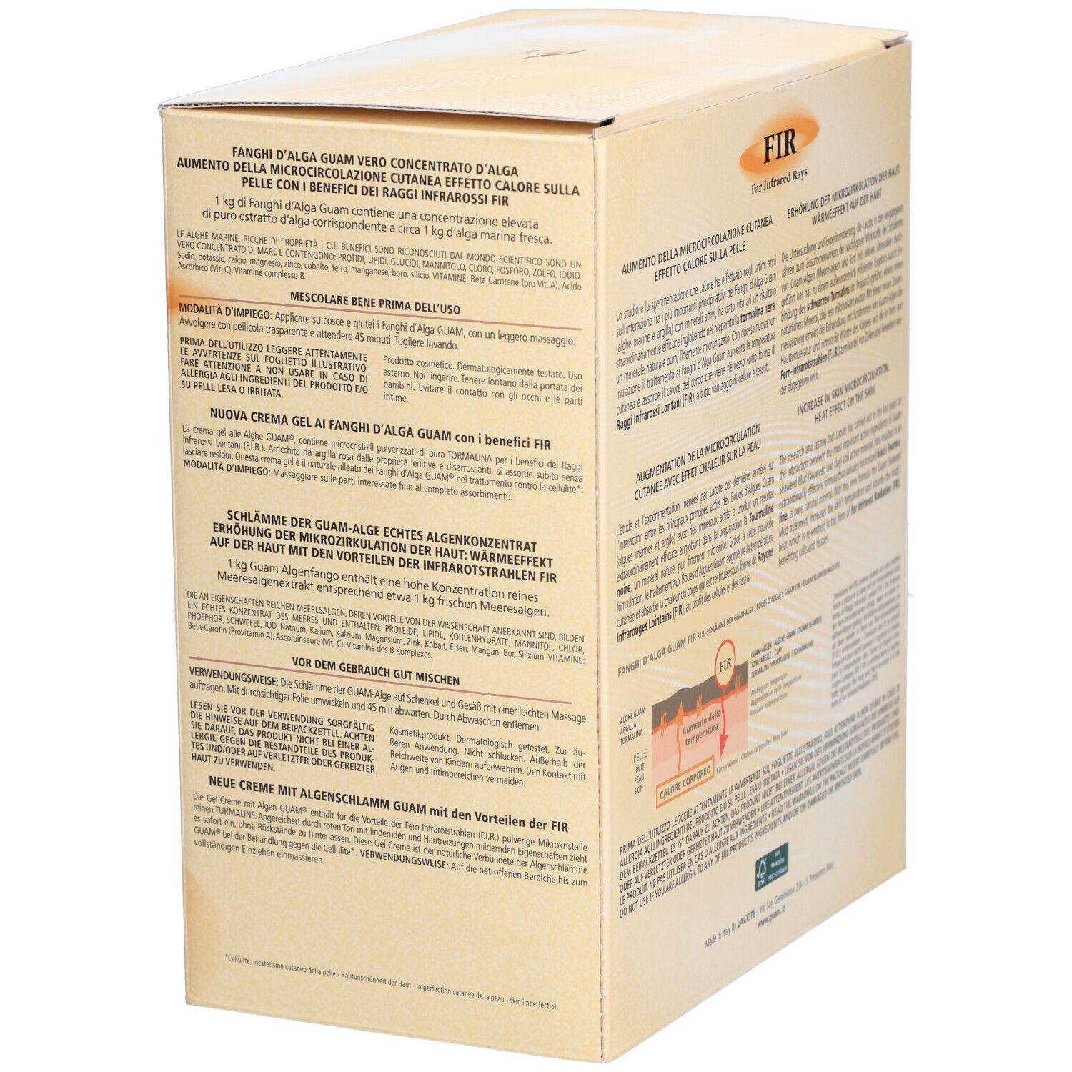 Emballage du produit avec texte. Inscription: Guam, Raggi Infrarossi Lontani, FIR. Contient des informations d'utilisation.