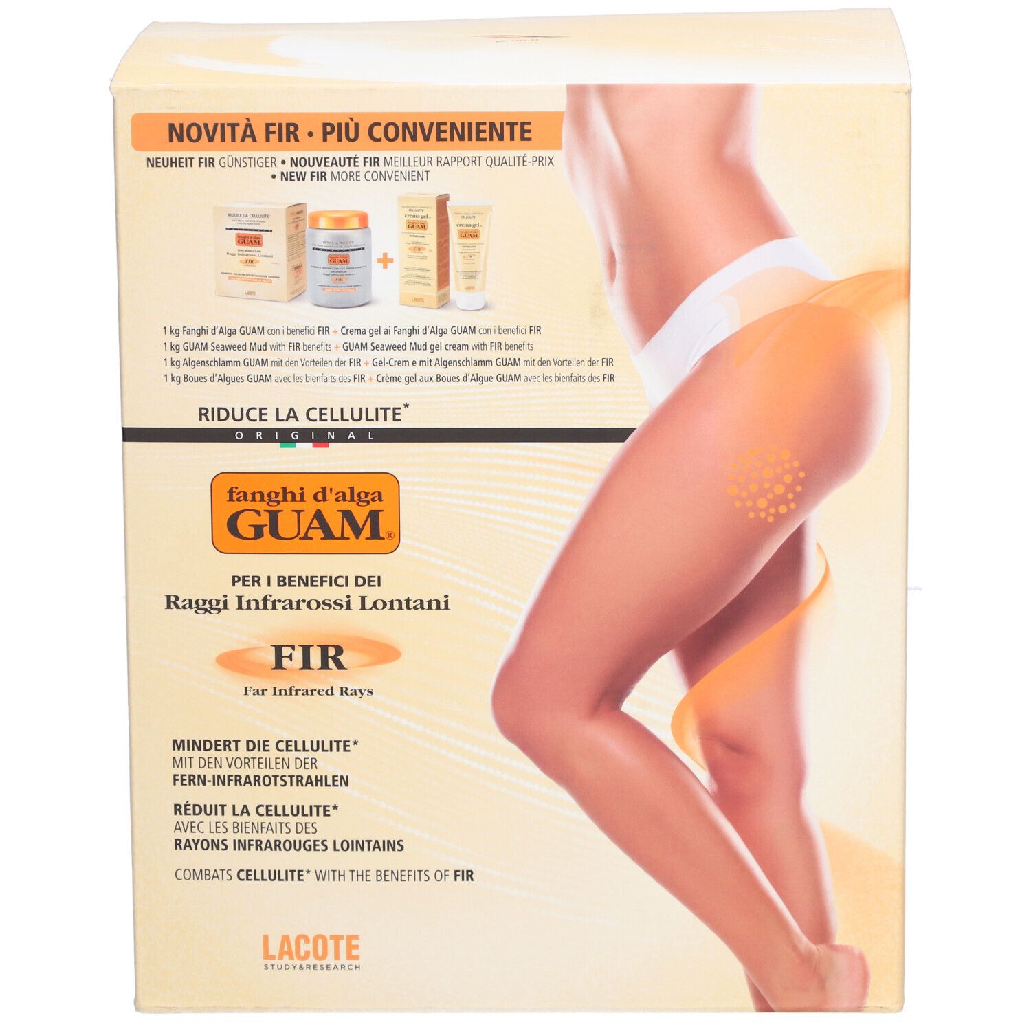 Boîte avec image et texte. Inscription: Guam, Raggi Infrarossi Lontani, FIR. Réduit la cellulite.