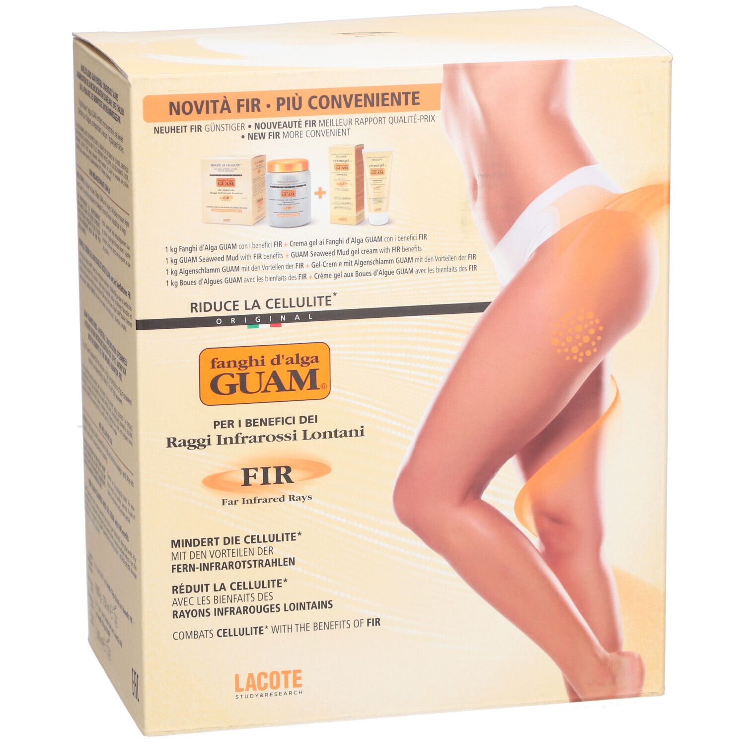Boîte avec image et texte. Inscription: Guam, Raggi Infrarossi Lontani, FIR. Réduit la cellulite.