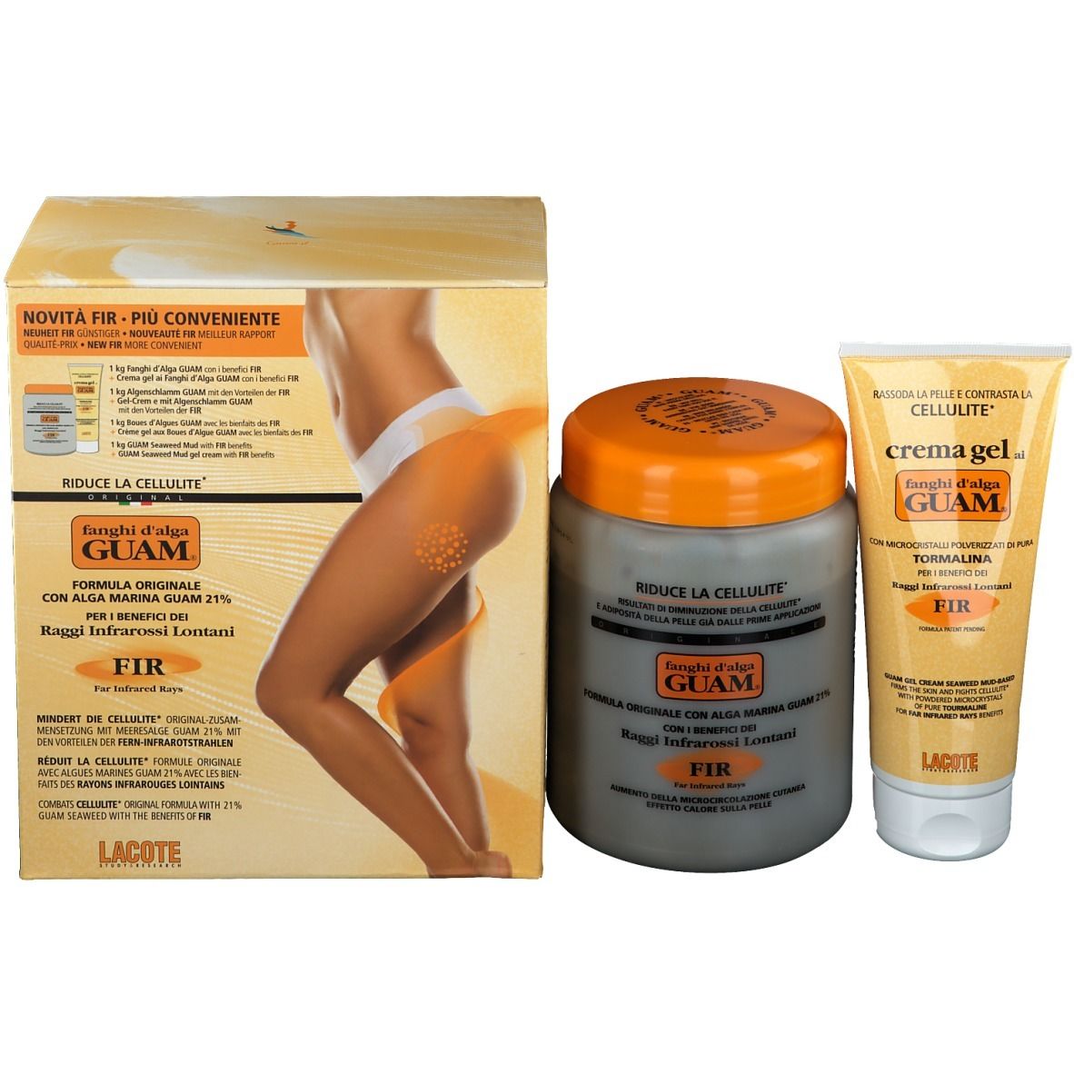 Emballage du produit avec produits. Inscription: Guam, Raggi Infrarossi Lontani, FIR. Contient crème et boue.
