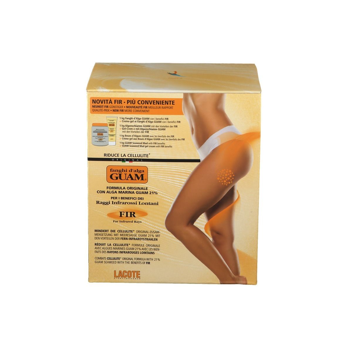 Boîte avec image et texte. Inscription: Guam, Raggi Infrarossi Lontani, FIR. Réduit la cellulite.