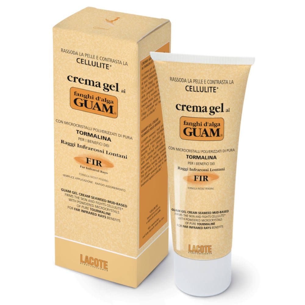 Beige tube en doos. Opschrift: crema gel ai fangi d'alga GUAM. Met microkristallen. Voor infraroodstralen.