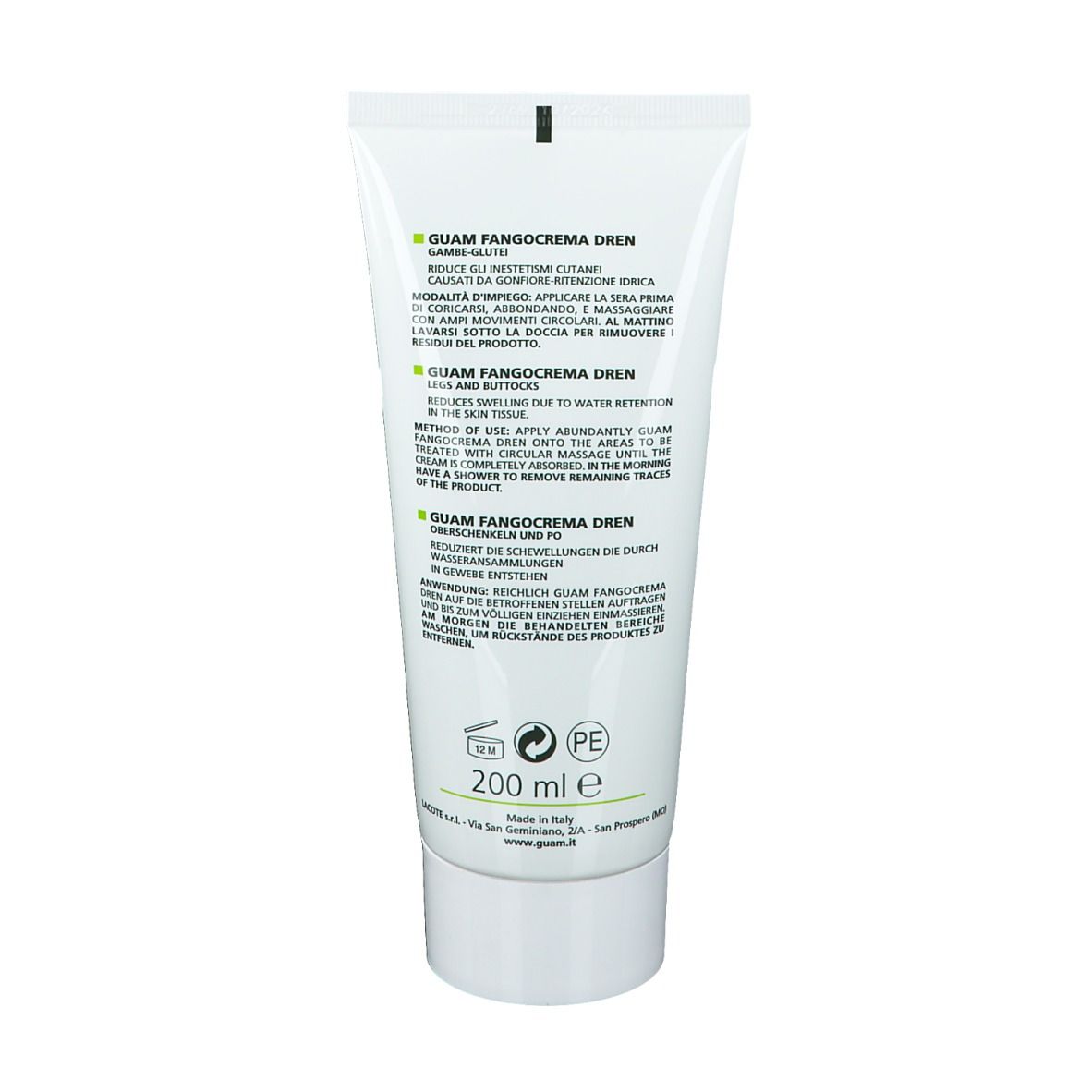 Rückseite einer weißen Tube GUAM Fangocrema DREN. Text in Italienisch und Englisch. 200 ml. Herstellerinformationen.
