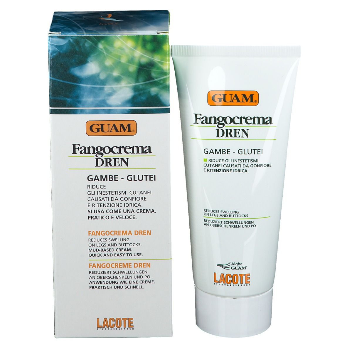 GUAM Fangocrema DREN Tube und Schachtel. Text in Italienisch und Englisch. Orangefarbenes Logo. Produktname und Beschreibung.