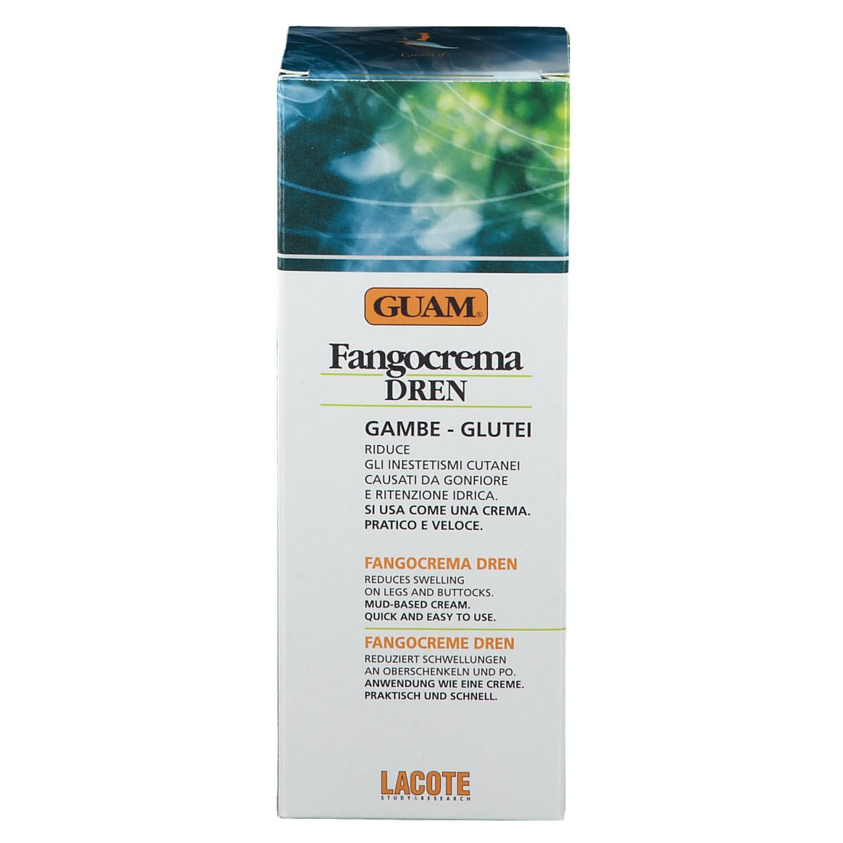 Schachtel GUAM Fangocrema DREN. Text in Italienisch und Englisch. Orangefarbenes Logo. Produktname und Beschreibung.