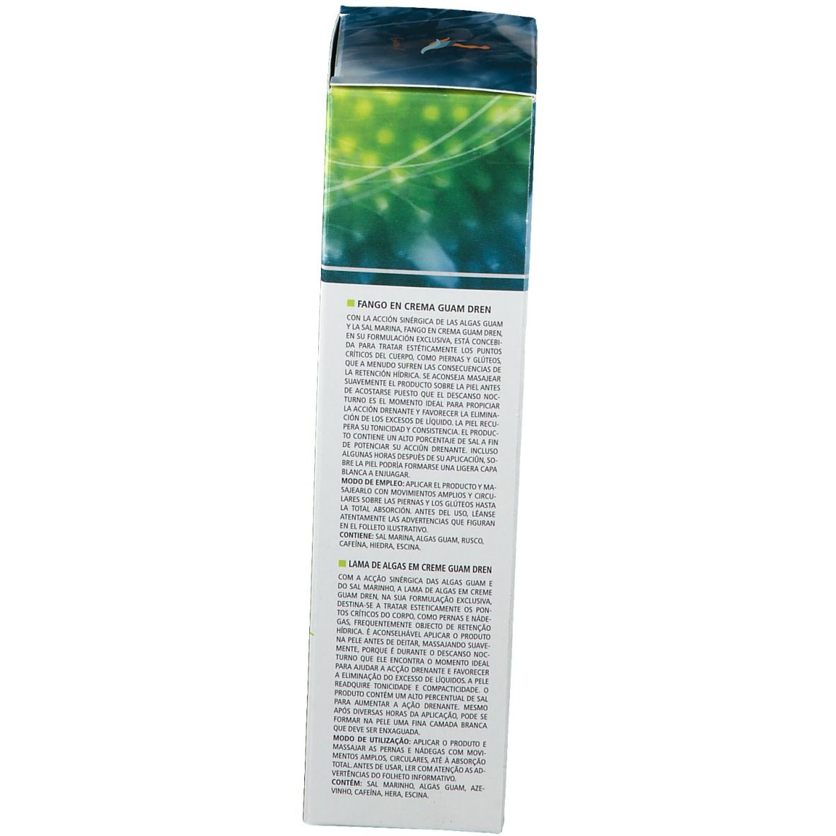 Seite der Schachtel GUAM Fangocrema DREN. Text in Italienisch und Englisch. Produktbeschreibung und Anwendung.