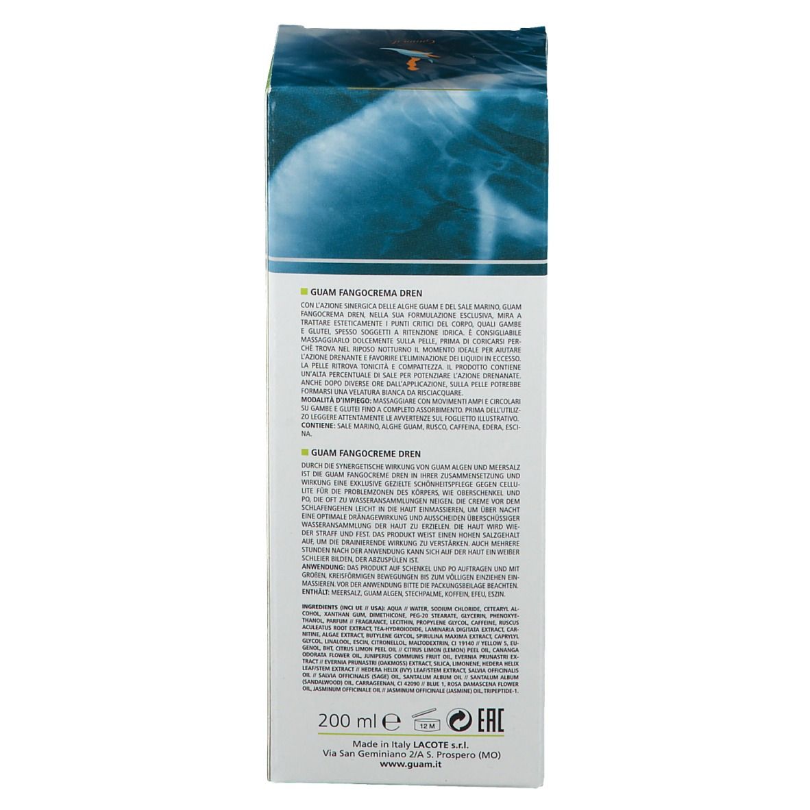 Seite der Schachtel GUAM Fangocrema DREN. Text in Italienisch und Englisch. Inhaltsstoffe und Herstellerinformationen.