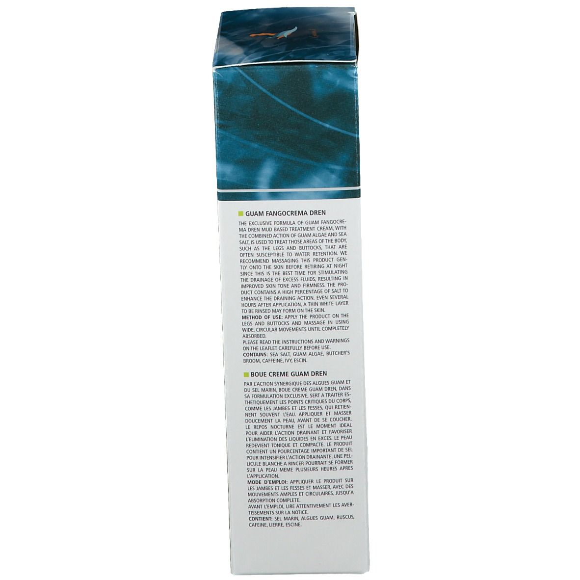 Seite der Schachtel GUAM Fangocrema DREN. Text in Italienisch und Englisch. Produktbeschreibung und Anwendung.