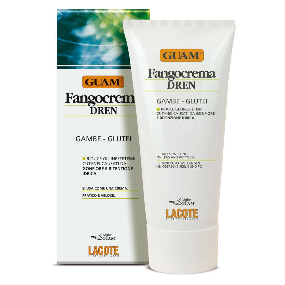 Tube et boîte de crème. Inscription : GUAM Fangocrema DREN. Réduit le gonflement des jambes et des fesses.