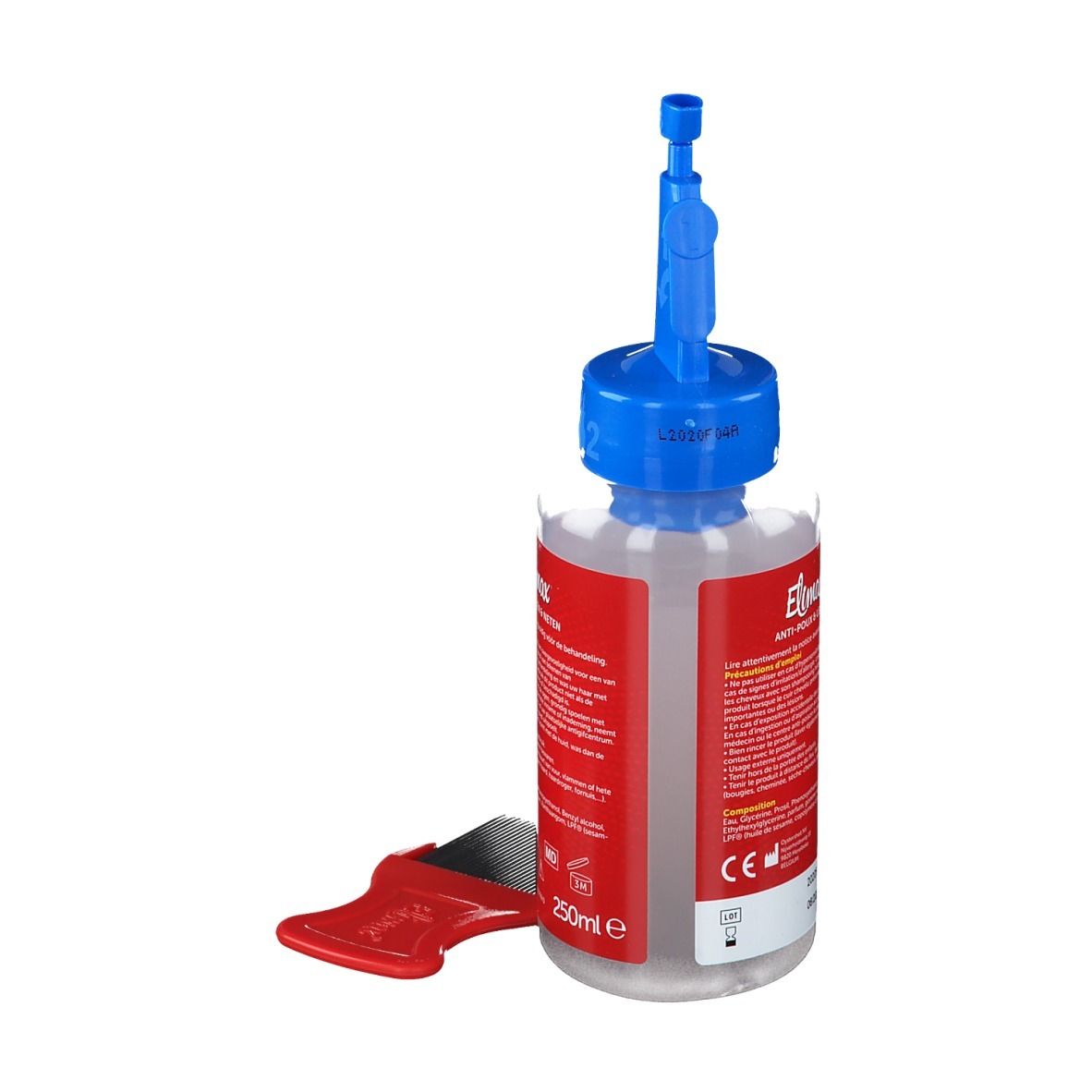 Transparante fles met blauwe dop en rode kam. Opschrift: Elimax Anti-luizen & neten.