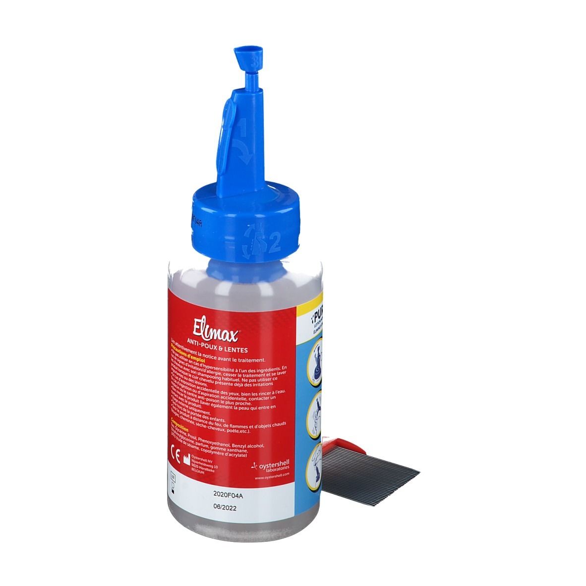 Transparante fles met blauwe dop en rode kam. Opschrift: Elimax Anti-luizen & neten.