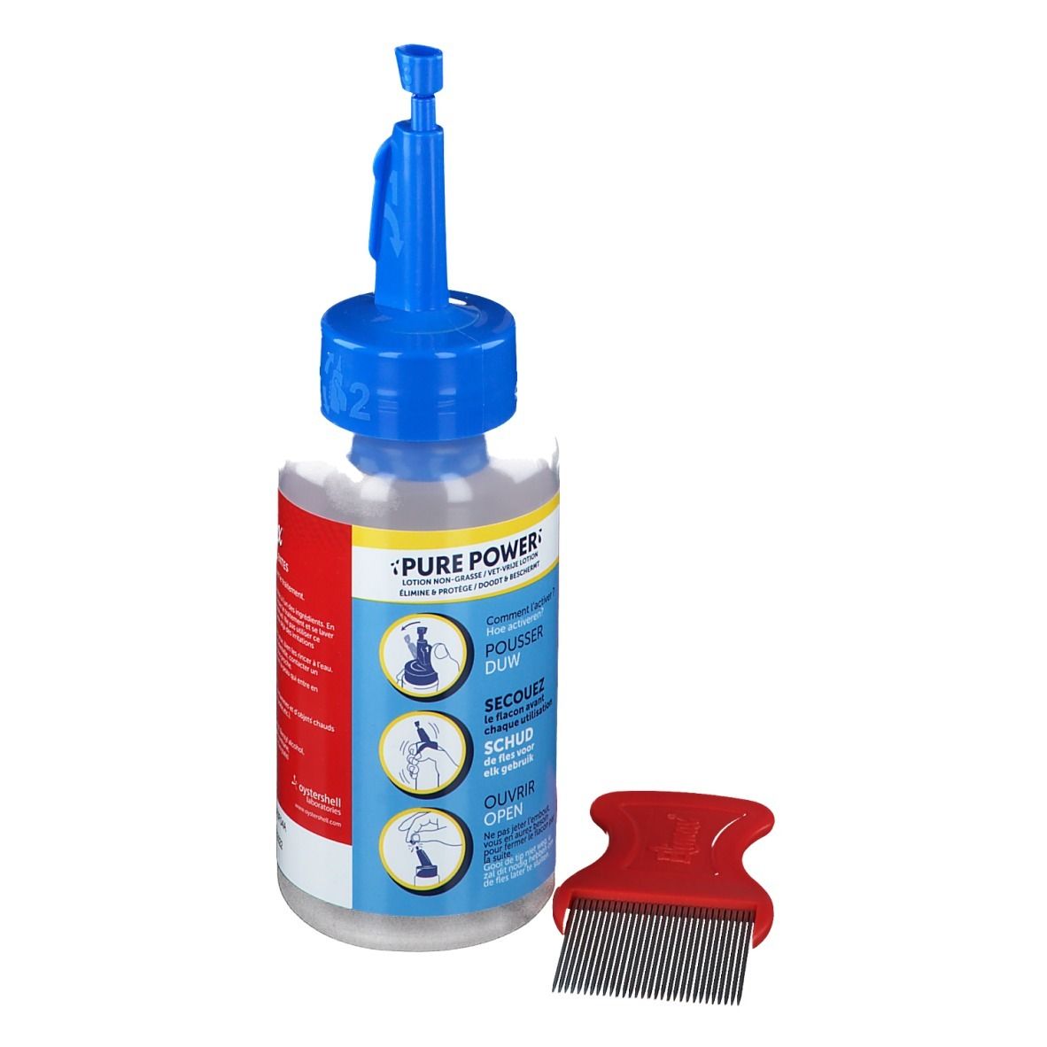 Transparante fles met blauwe dop en rode kam. Opschrift: Pure Power. Instructies.