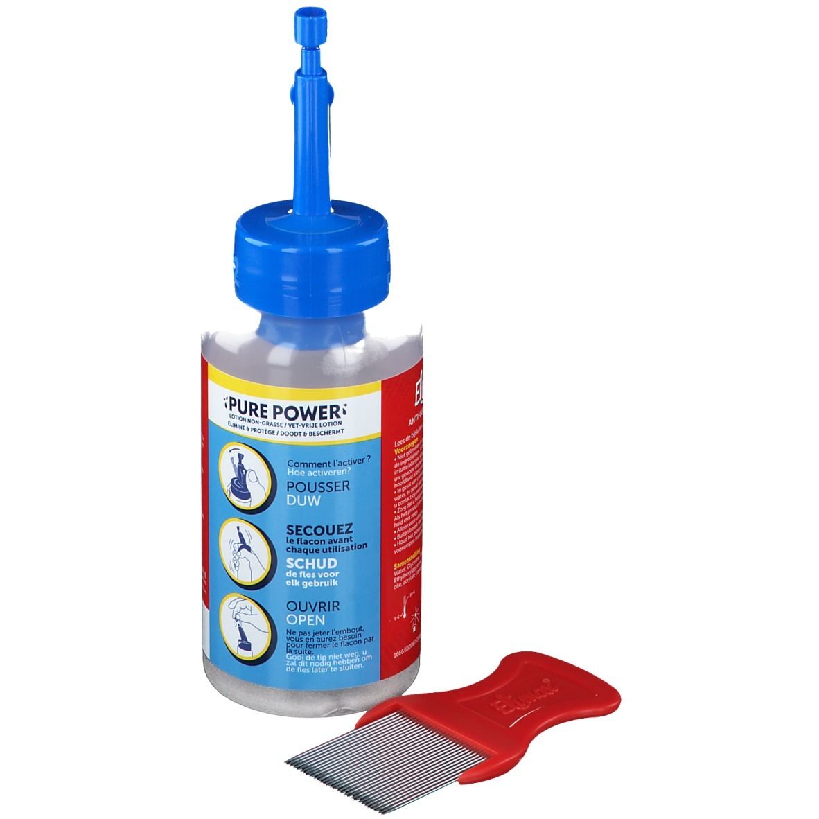 Transparante fles met blauwe dop en rode kam. Opschrift: Pure Power. Instructies.