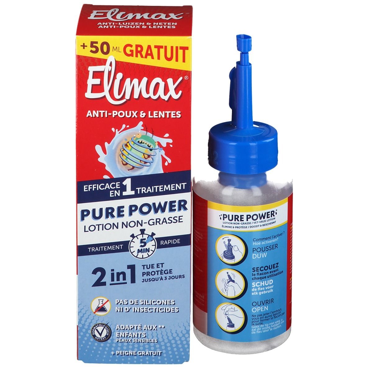 Doos met fles en kam. Opschrift: Elimax Anti-luizen & neten. Pure Power Lotion.