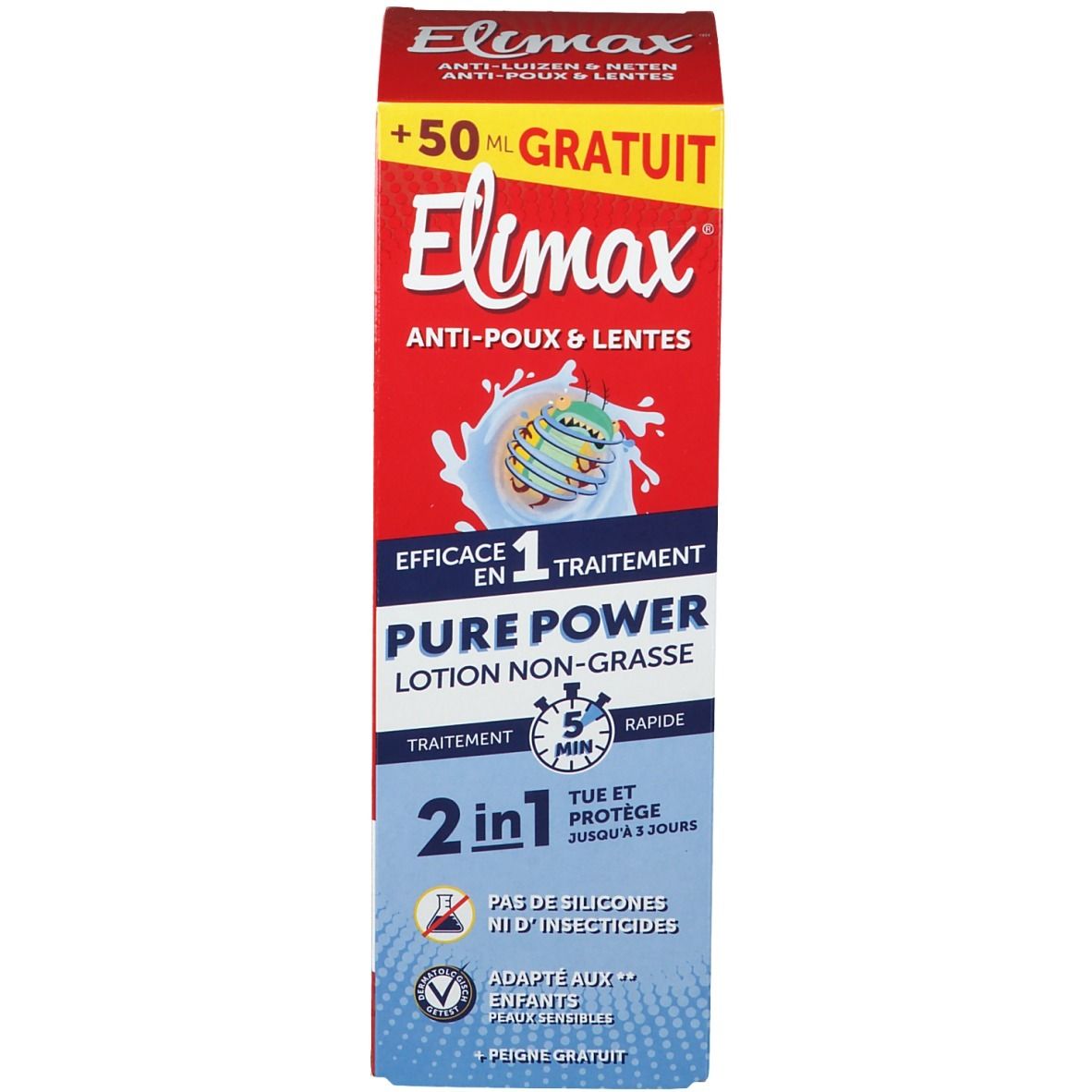 Doos met opschrift: Elimax Anti-luizen & neten. Pure Power Lotion Non-Grasse. 2 in 1.