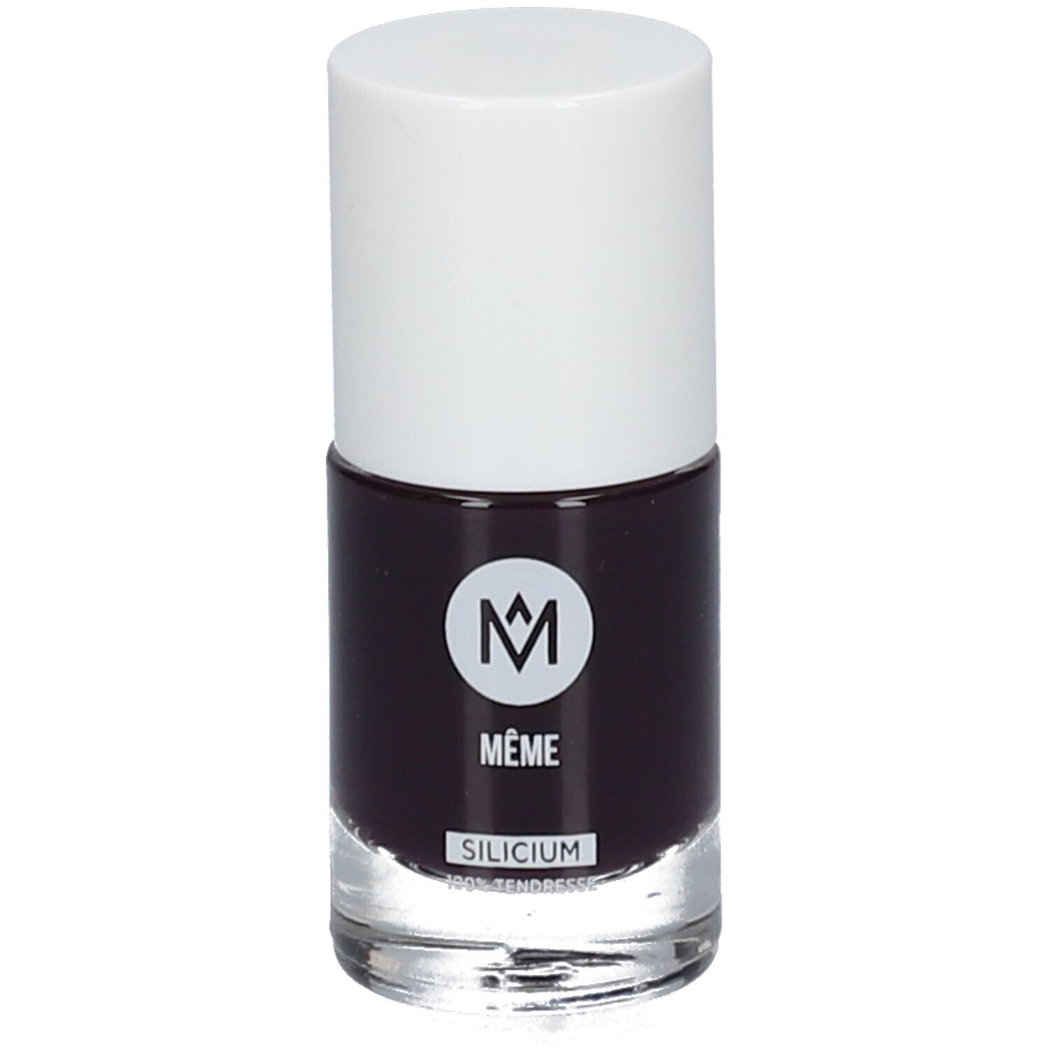 Flacon de vernis à ongles avec bouchon blanc. Étiquette: MÊME, Silicium. Couleur aubergine.
