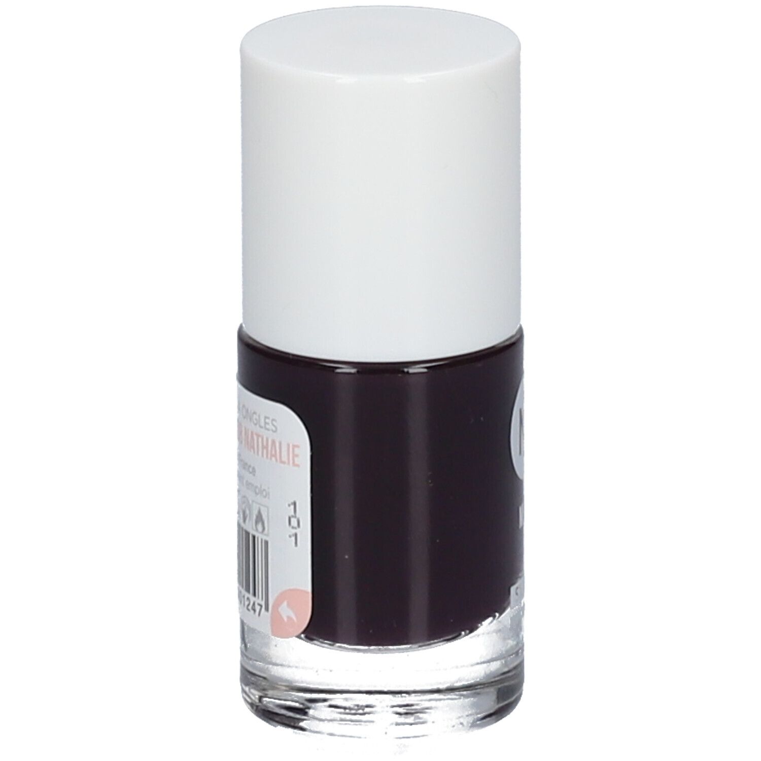 Flacon de vernis à ongles avec bouchon blanc. Étiquette avec informations et code-barres. Couleur aubergine.