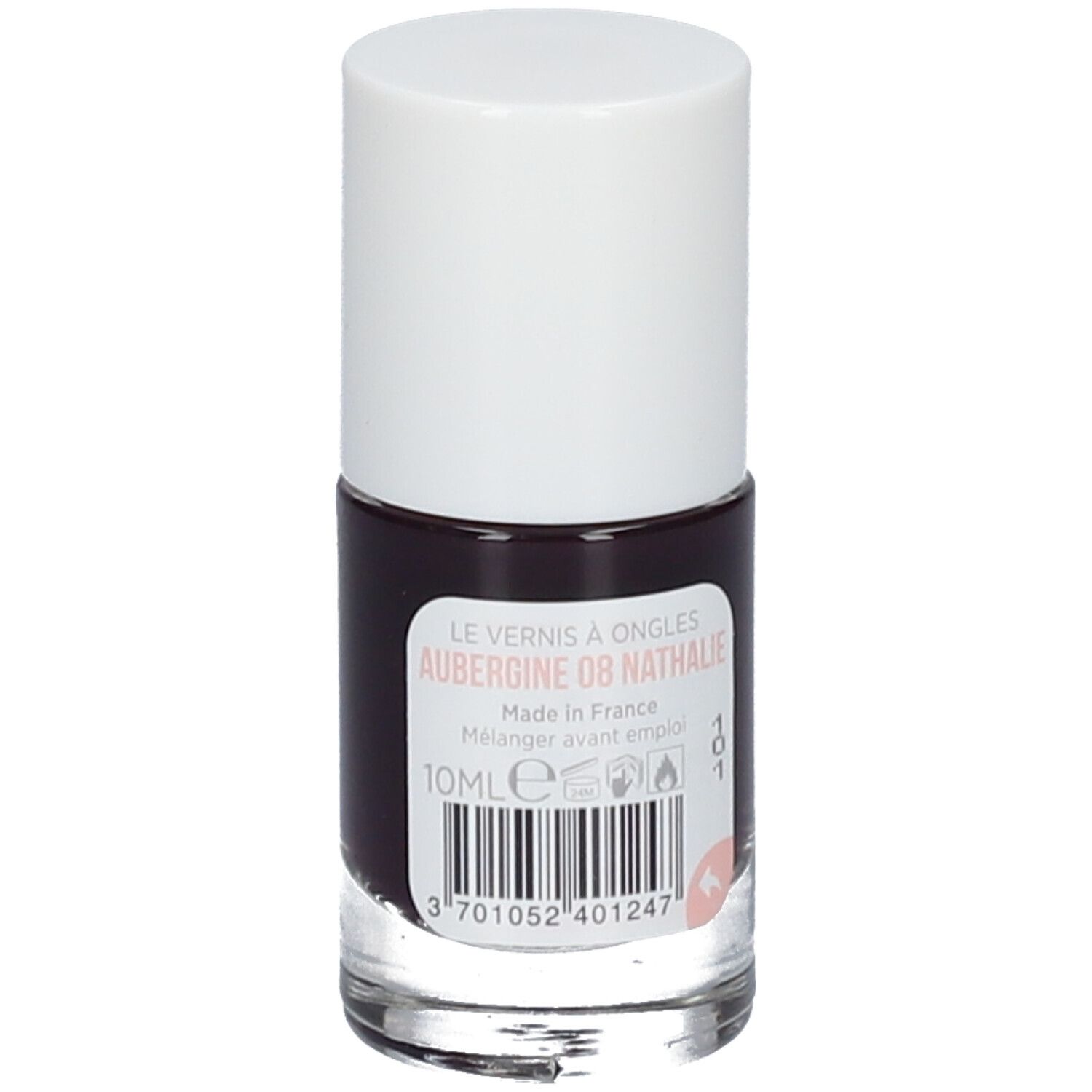 Flacon de vernis à ongles avec bouchon blanc. Étiquette: Aubergine 08 Nathalie, 10ml. Fabriqué en France.