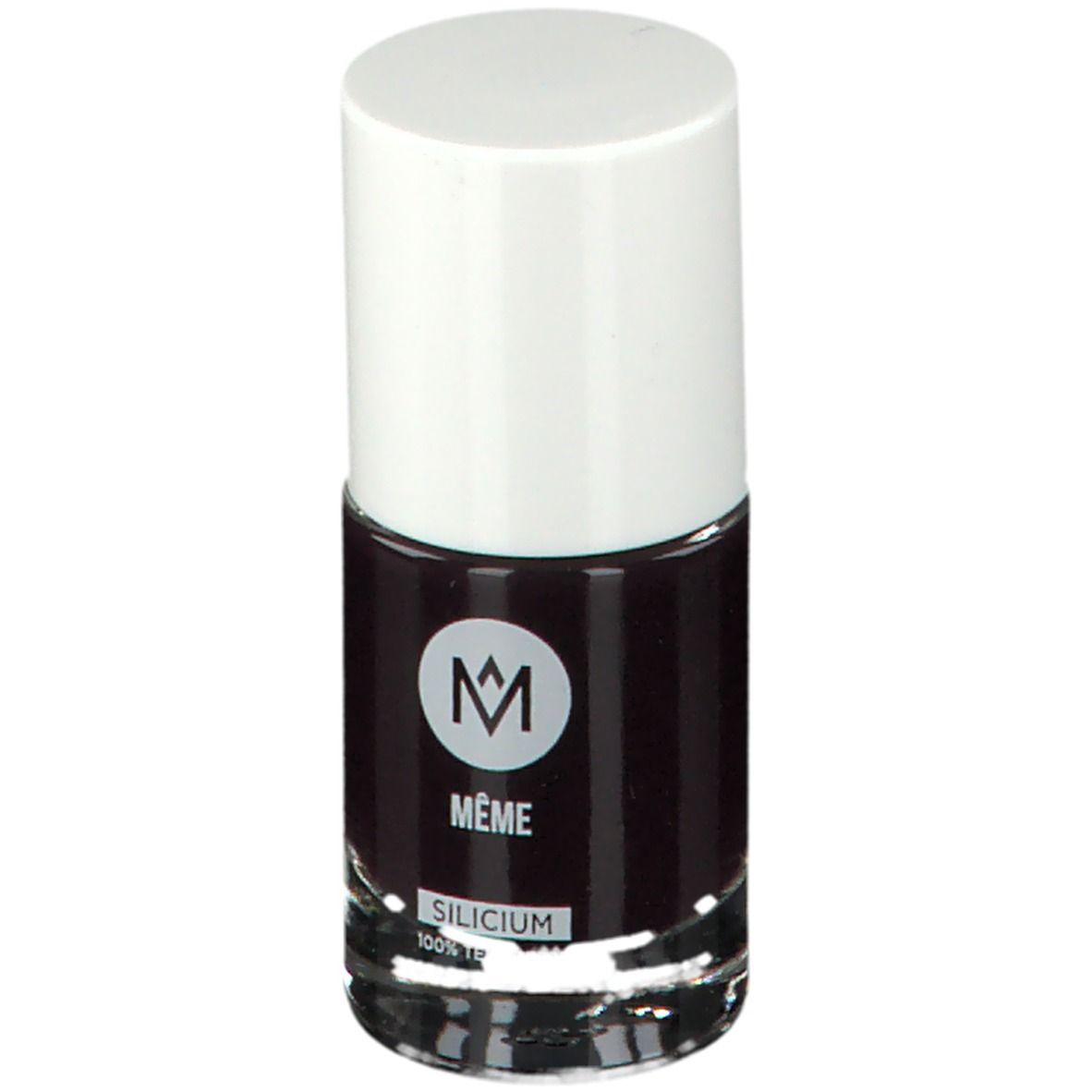 Flacon de vernis à ongles avec bouchon blanc. Étiquette: MÊME, Silicium. Couleur aubergine.