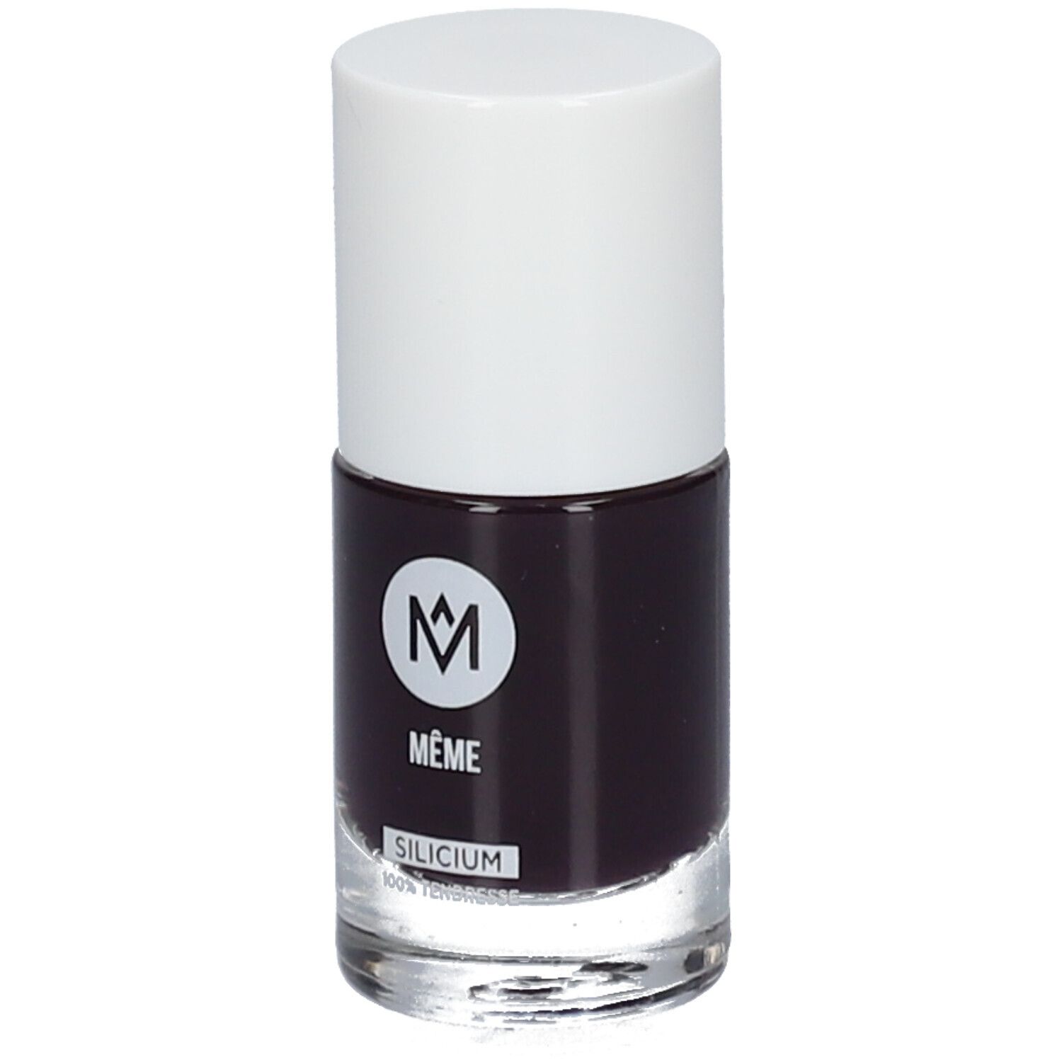Flacon de vernis à ongles avec bouchon blanc. Étiquette: MÊME, Silicium. Couleur aubergine.