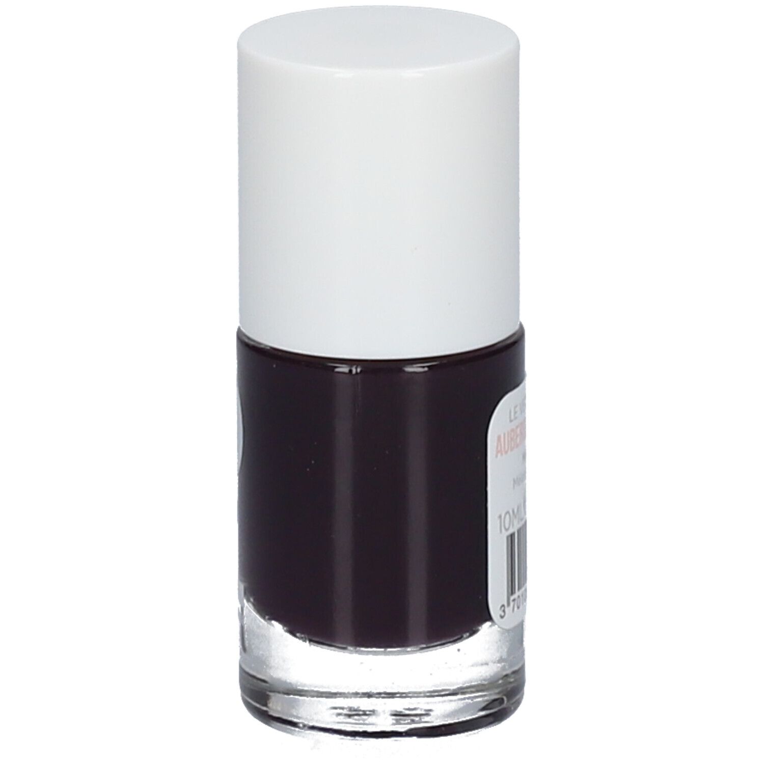 Flacon de vernis à ongles avec bouchon blanc. Étiquette: Aubergine, 10ml. Couleur aubergine.