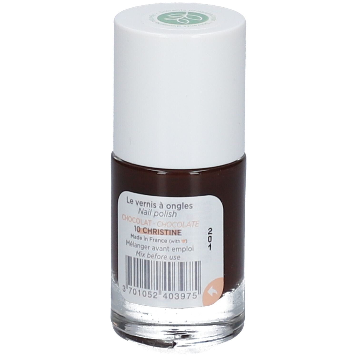 Nagellakflesje met bruine kleur. Witte dop. Etiket met productinfo. Opschrift: CHOCOLAT CHRISTINE.