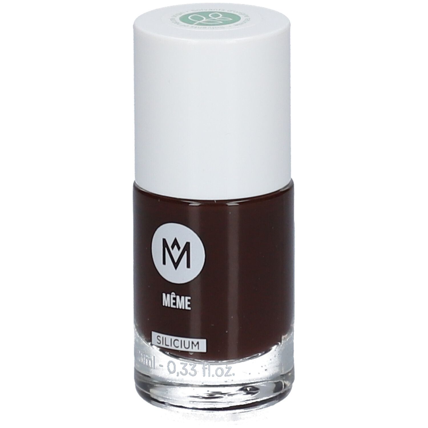 Nagellakflesje met bruine kleur. Witte dop met groen logo. Opschrift: MÊME, SILICIUM.