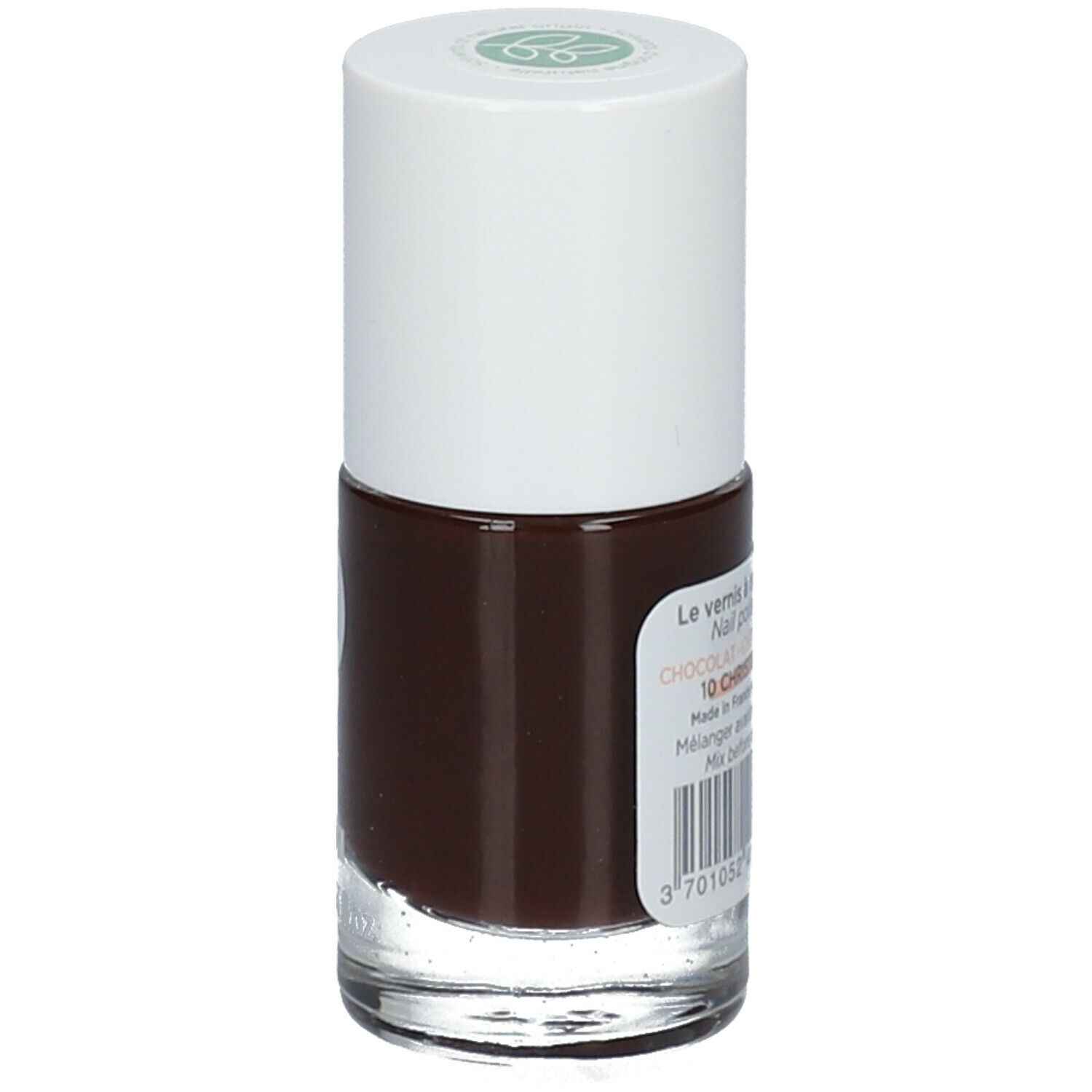 Nagellakflesje met bruine kleur. Witte dop. Etiket met productinfo. Opschrift: CHOCOLAT CHRISTINE.
