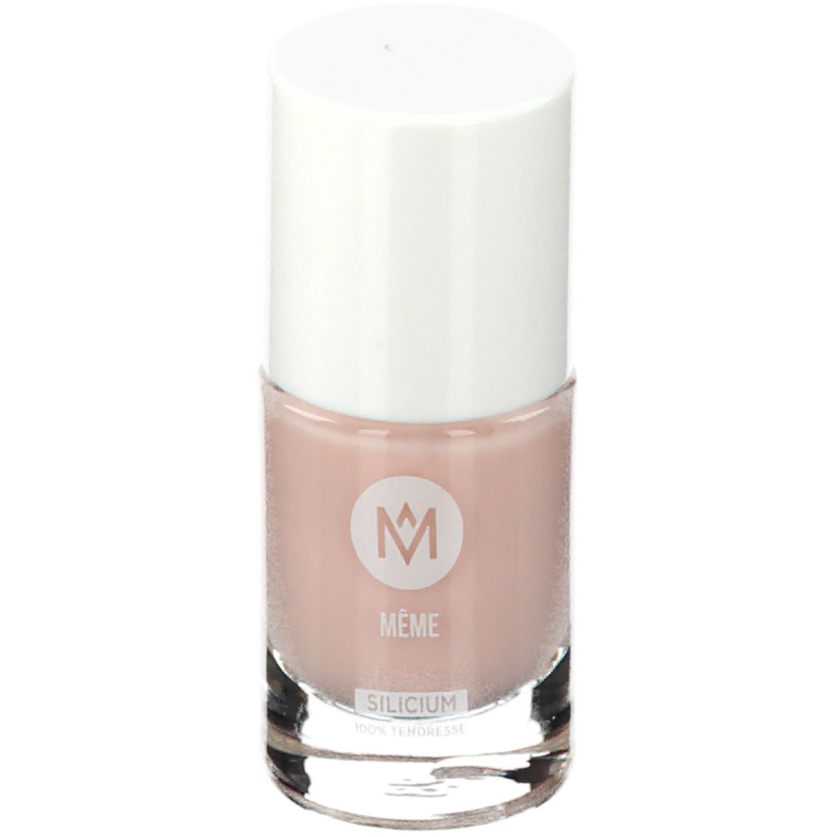 Nagellakflesje met witte dop. Het MÊME-logo en de tekst SILICIUM zijn zichtbaar op het flesje.
