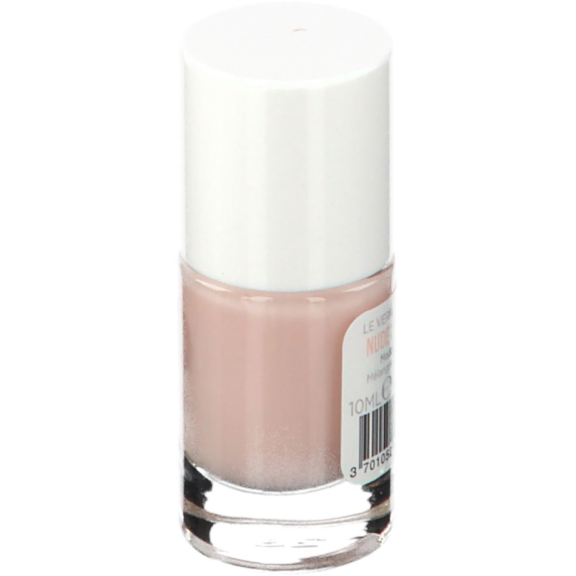 Nagellakflesje met witte dop. Achterkant met informatie zoals 10ml en een barcode.