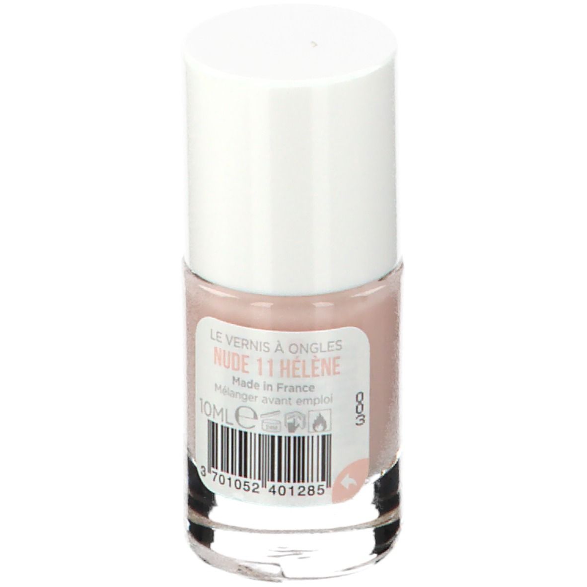 Nagellakflesje met witte dop. Achterkant met informatie zoals NUDE 11 HÉLÈNE, 10ml en een barcode.