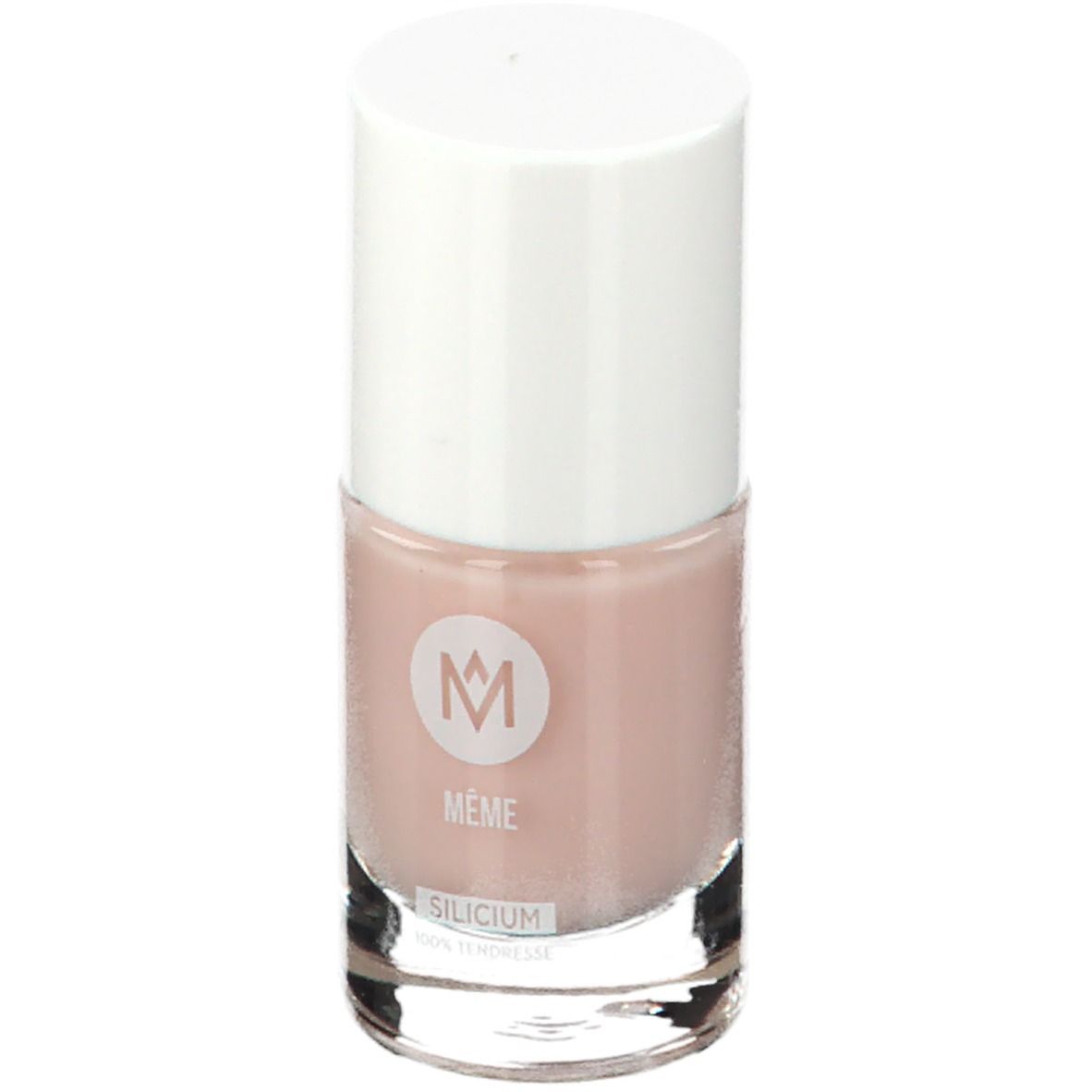Nagellakflesje met witte dop. Het MÊME-logo en de tekst SILICIUM zijn zichtbaar op het flesje.