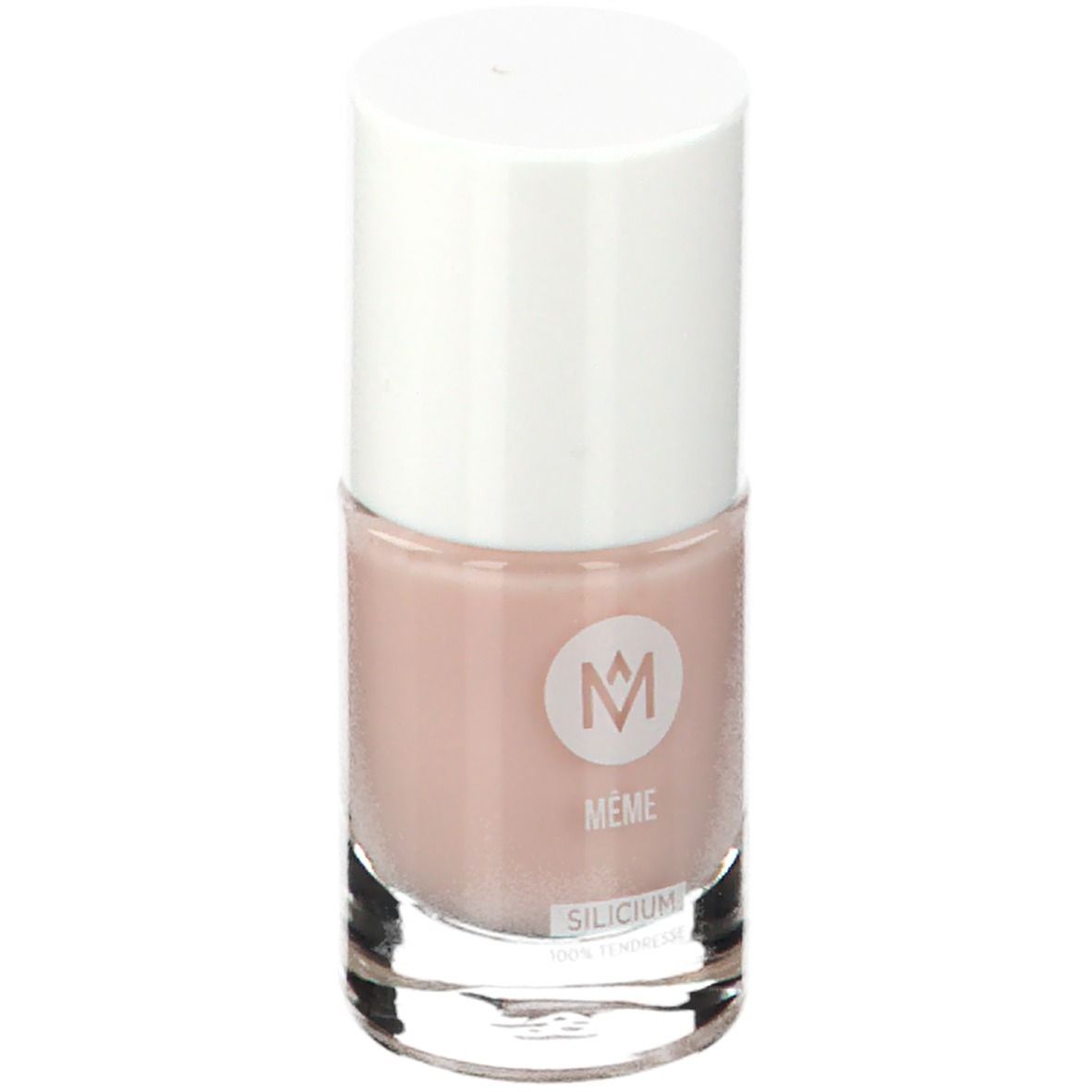Nagellakflesje met witte dop. Het MÊME-logo en de tekst SILICIUM zijn zichtbaar op het flesje.