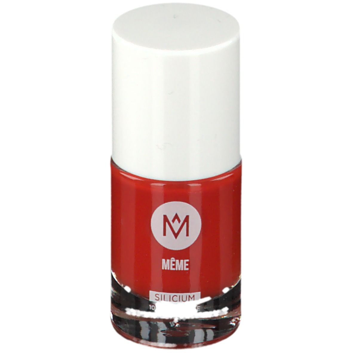 Nagellakflesje met rode inhoud en witte dop. Logo MÊME en SILICIUM zichtbaar.