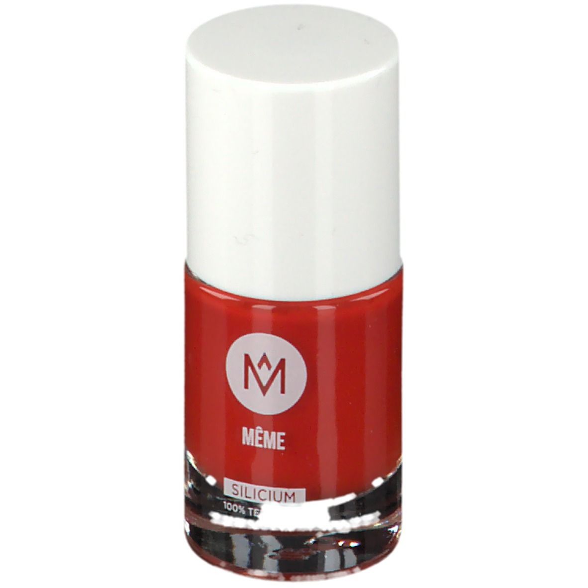 Nagellakflesje met rode inhoud en witte dop. Logo MÊME en SILICIUM zichtbaar.