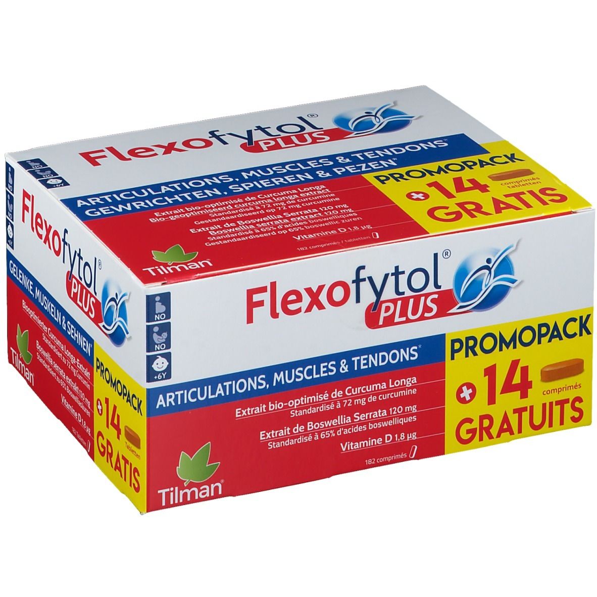 Boîte Flexofytol Plus. 14 comprimés gratuits. Texte: Articulations, muscles & tendons. Contient Curcuma Longa et Boswellia Serrata.