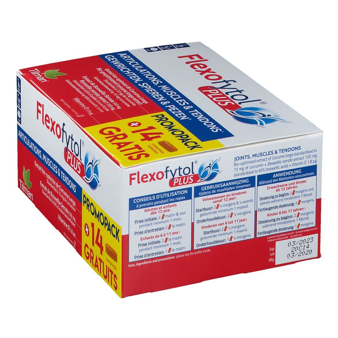 Boîte Flexofytol Plus. 14 comprimés gratuits. Texte: Articulations, muscles & tendons. Contient Curcuma Longa et Boswellia Serrata. Date de péremption.