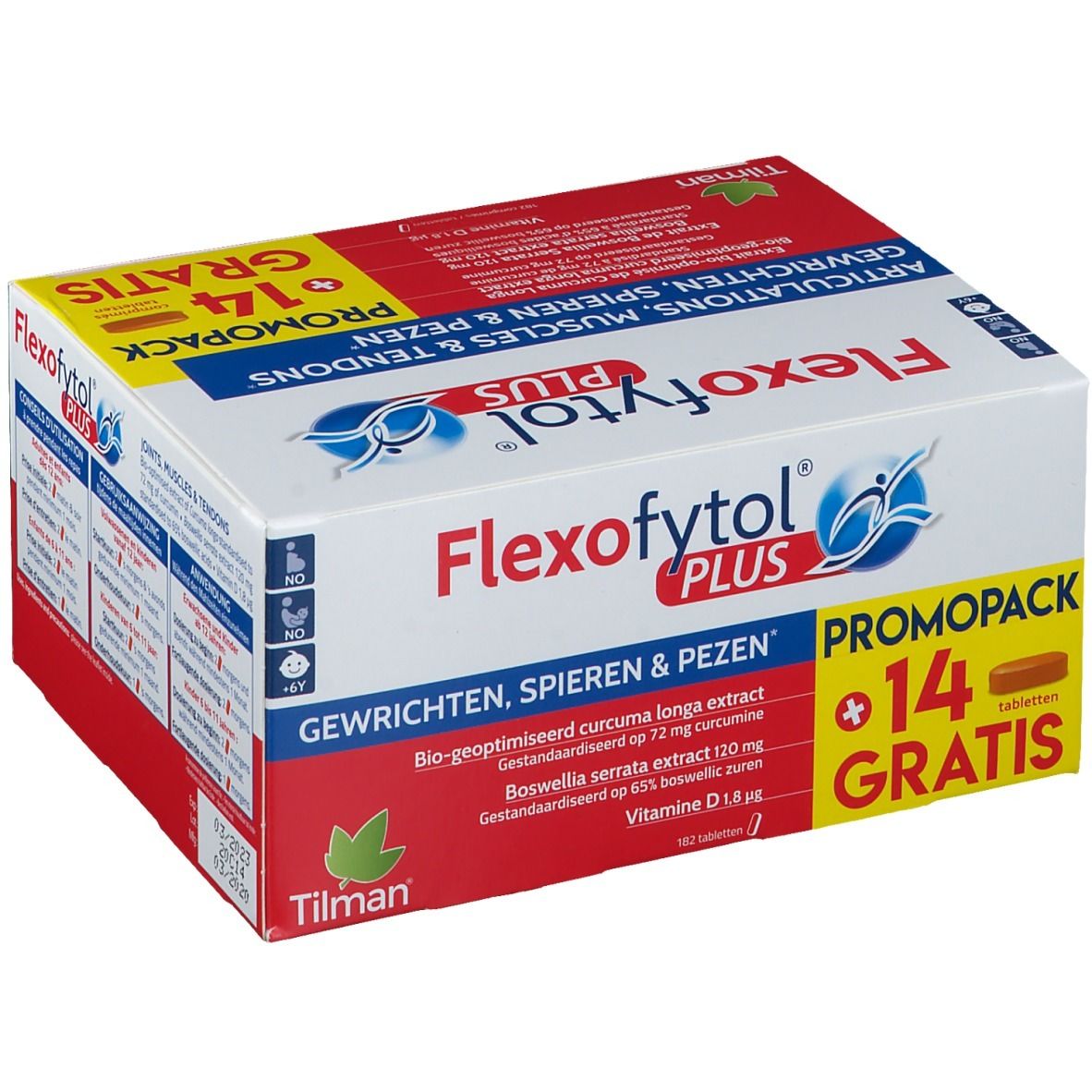 Boîte Flexofytol Plus. 14 comprimés gratuits. Texte: Articulations, muscles & tendons. Contient Curcuma Longa et Boswellia Serrata. Pour enfants +6 ans.
