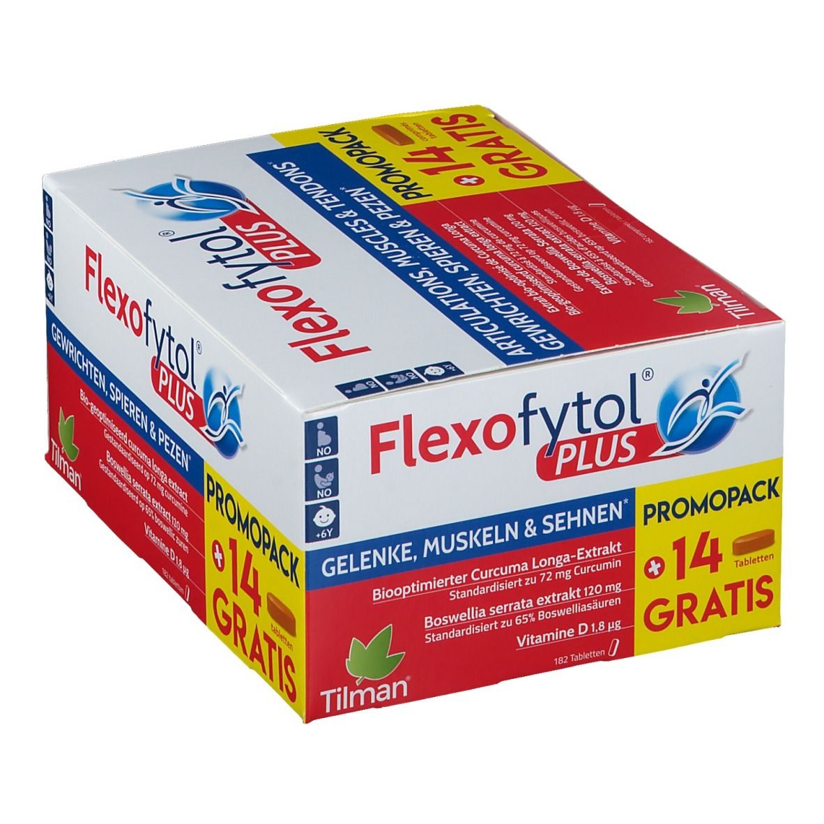 Boîte Flexofytol Plus. 14 comprimés gratuits. Texte: Articulations, muscles & tendons. Contient Curcuma Longa et Boswellia Serrata.