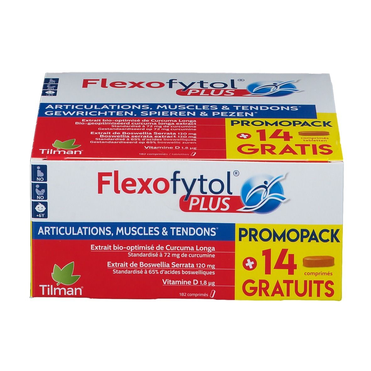 Boîte Flexofytol Plus. 14 comprimés gratuits. Texte: Articulations, muscles & tendons. Contient Curcuma Longa et Boswellia Serrata.