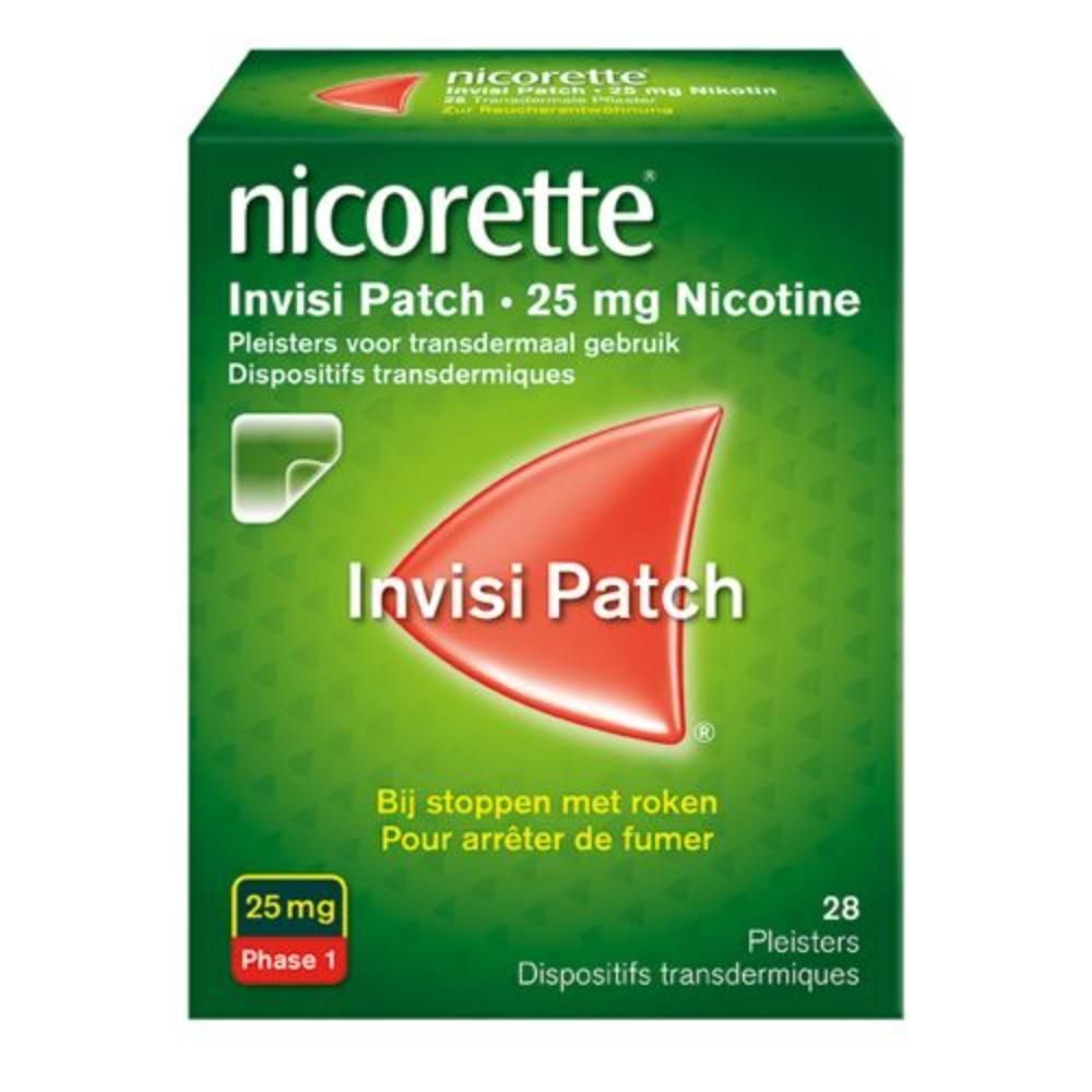 Boîte de Nicorette Invisi Patch 25 mg Nicotine. Emballage vert, logo rouge et informations produit.
