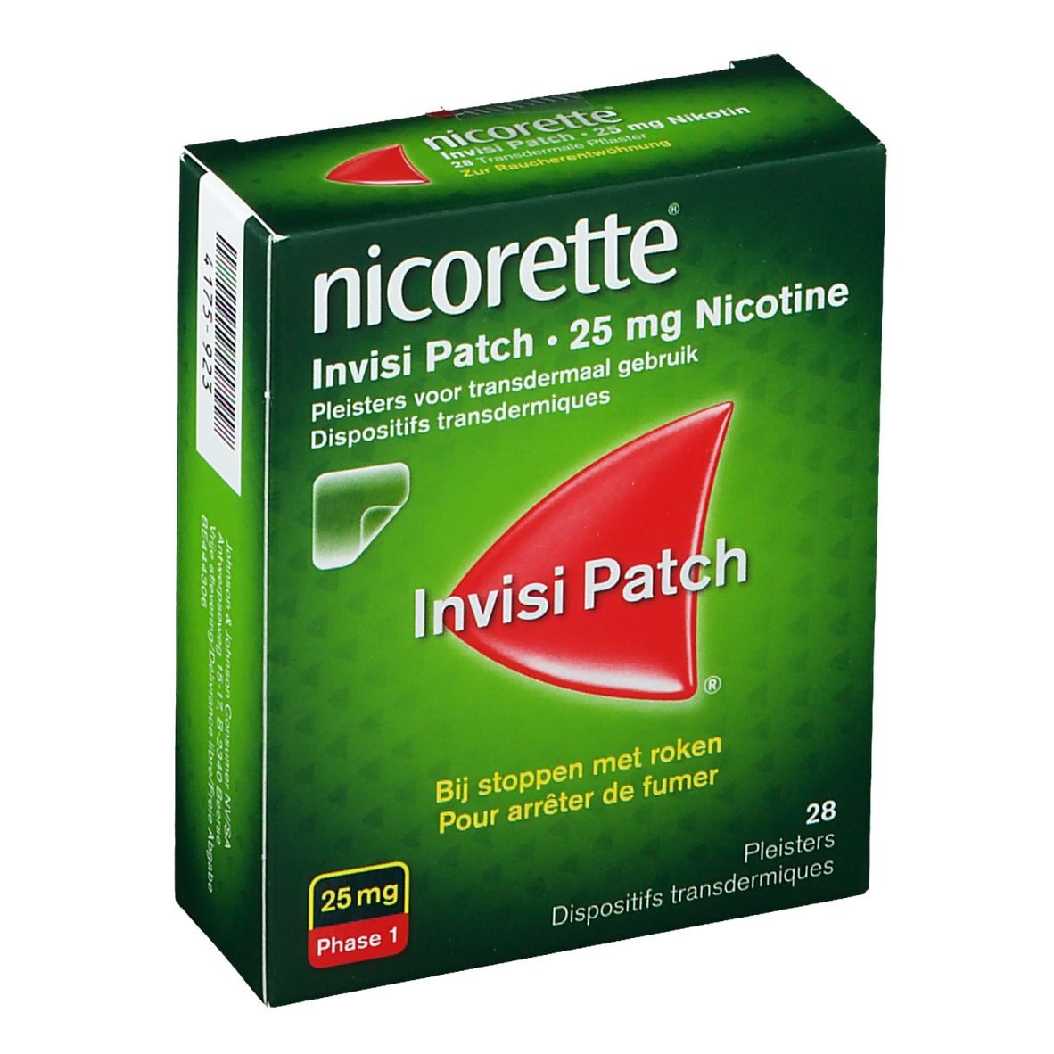 Boîte de Nicorette Invisi Patch 25 mg Nicotine. Emballage vert, logo rouge et informations produit.