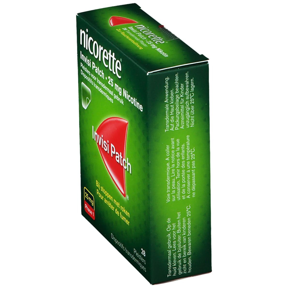Boîte Nicorette Invisi Patch 25 mg Nicotine. Emballage vert, logo rouge et informations produit.