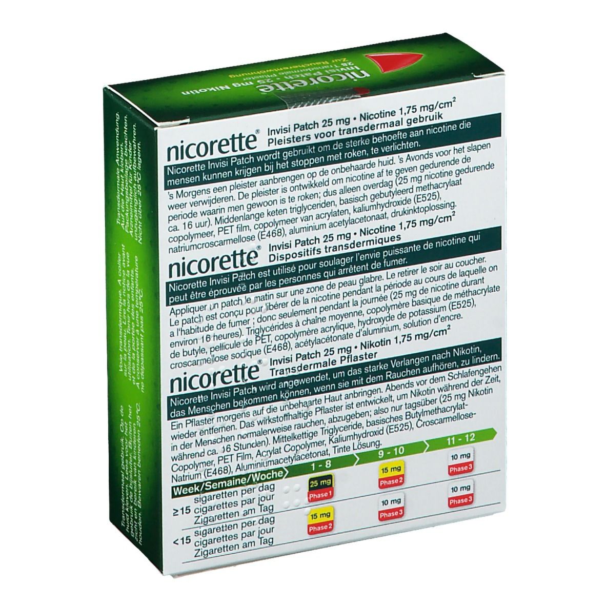 Dos de l'emballage Nicorette Invisi Patch. Texte multilingue, informations sur le produit et son utilisation.